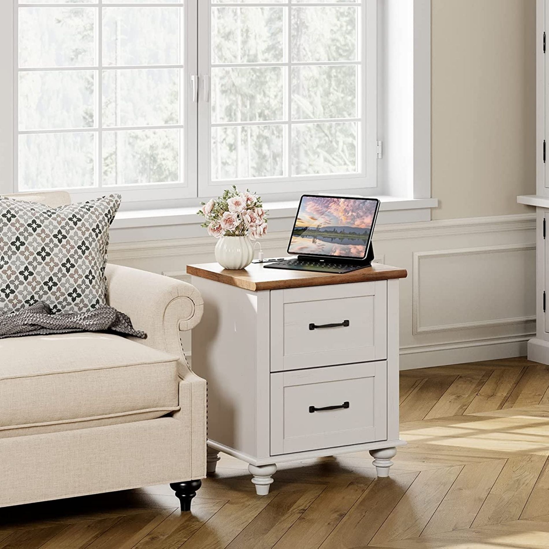 WAMPAT 19.6" White End Table with Charging Station, Farmhouse Nightstand with Storage, 2 Power outlets & 2 USB Ports for Living Room