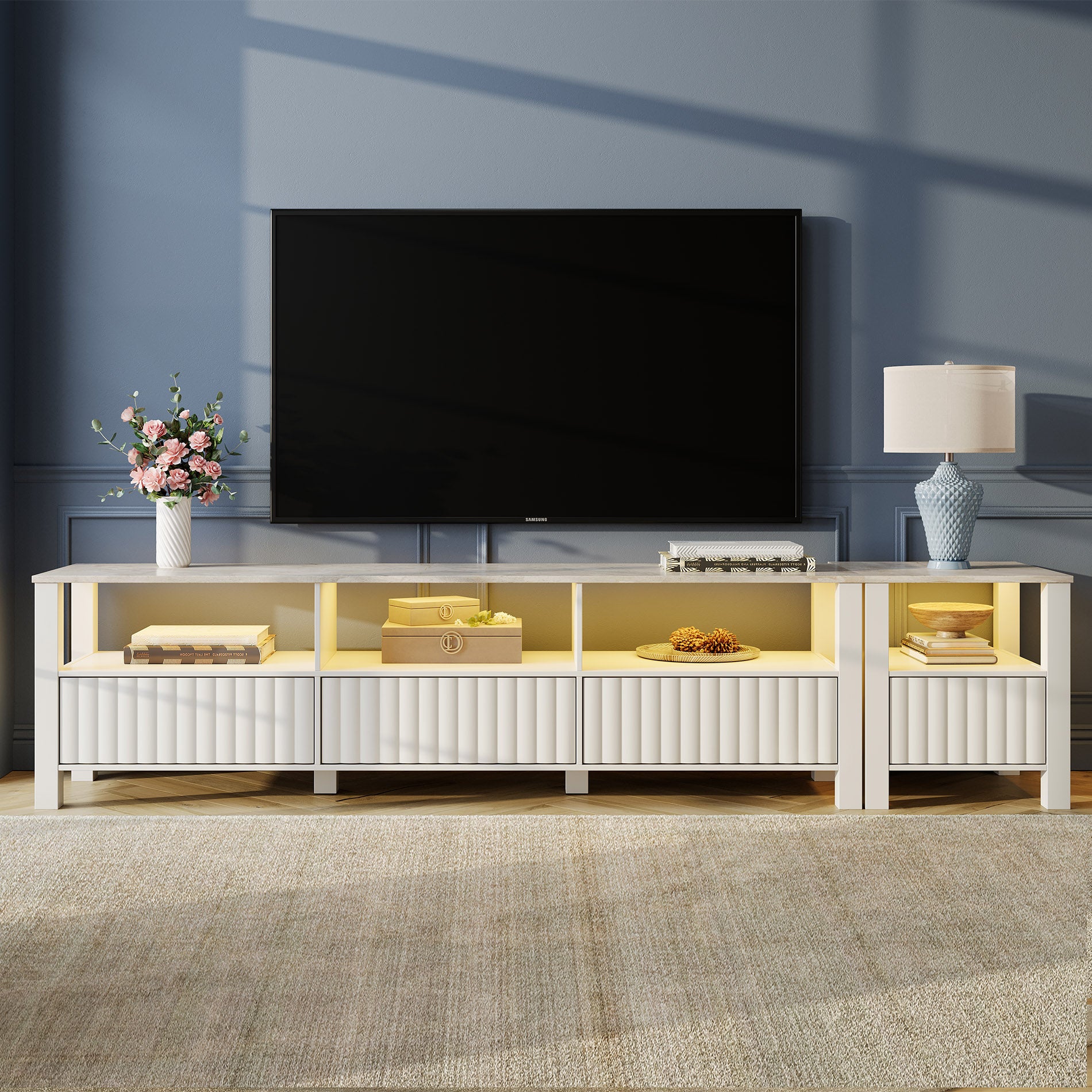 WAMPAT LED TV Stand for TVs up to 85 Inch, Modern Entertainment Center TV Console Table with 8 Cubby Storage for Living Room, White