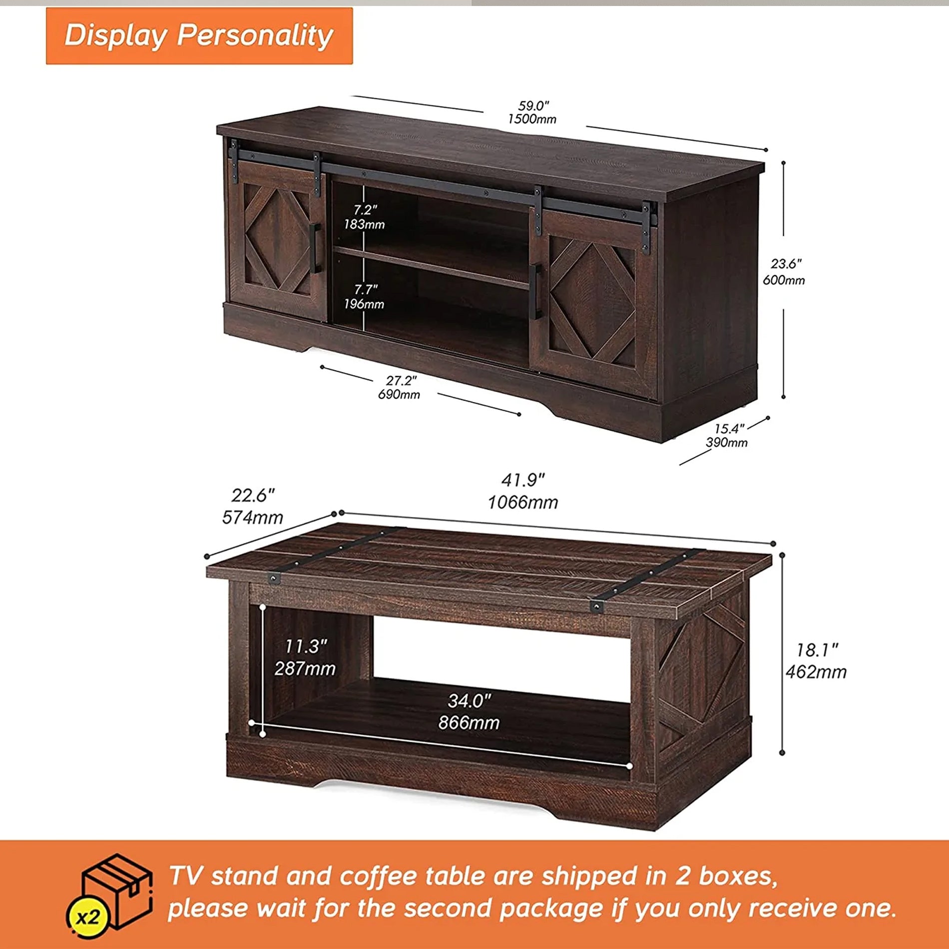 WAMPAT 60" Farmhouse Wooden TV Stand for 32-65 Inch TV, Sliding Barn Door Entertainment Center, Rustic Brown