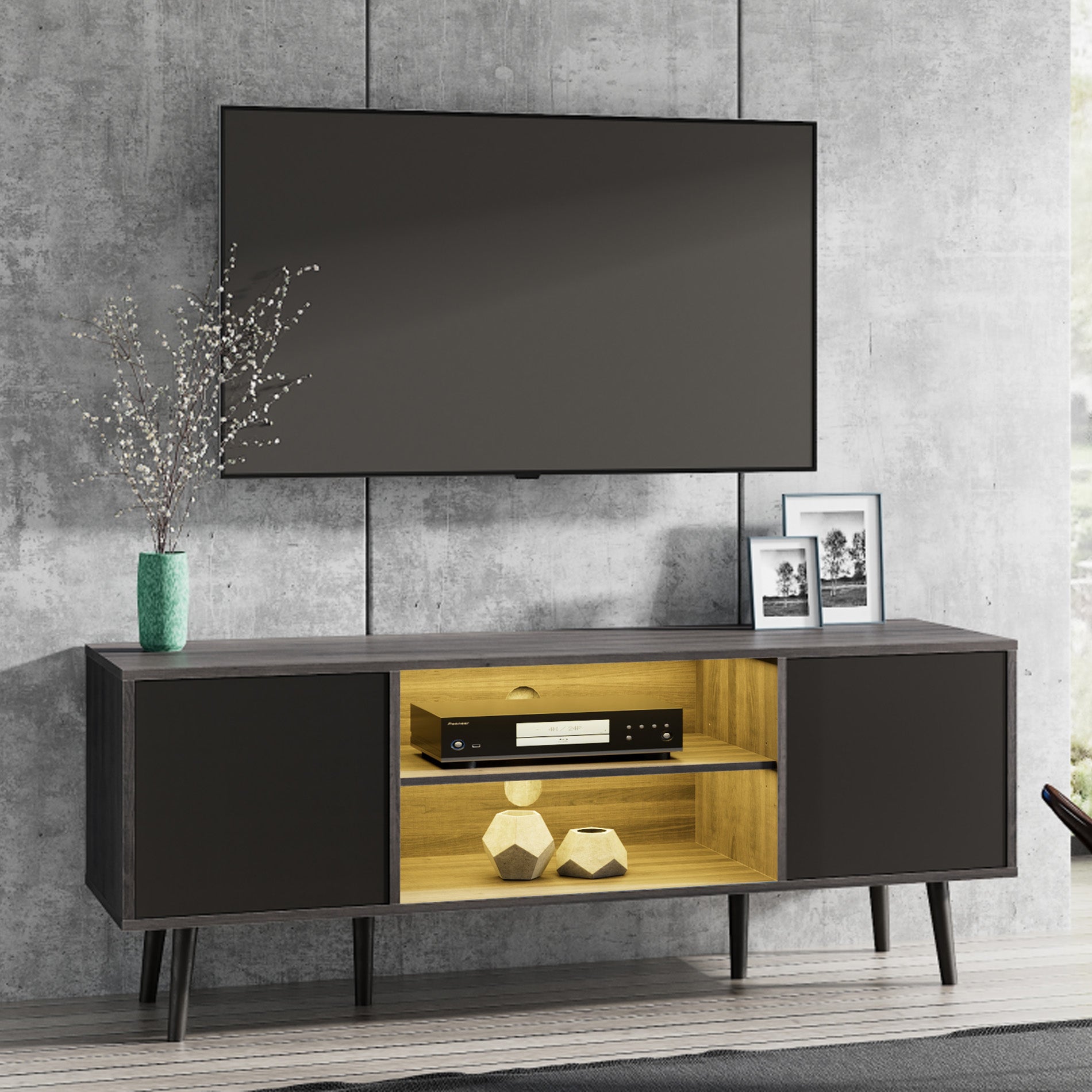 WAMPAT 60" Mid-Century Modern TV Stand for 32-65 Inch TV, Wood TV Console Media Cabinet with Yellow LED, Black