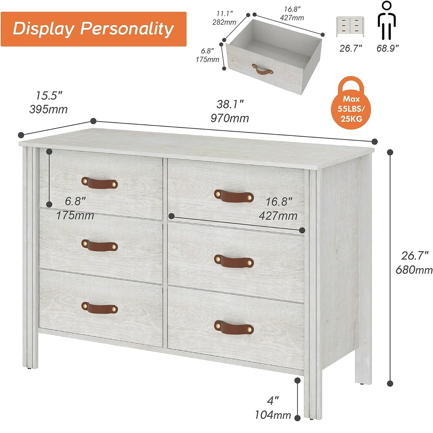 WAMPAT Dresser TV Stand, Wood Entertainment Center with 6 Fabric Drawers, Chest of Drawers for Living Room, Bedroom, Hallway