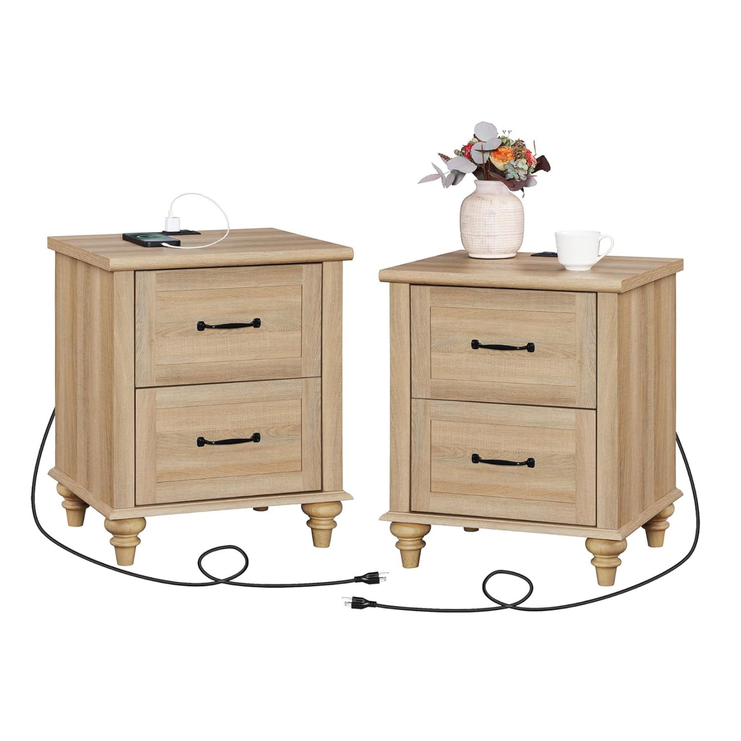 WAMPAT 19.6" White End Table with Charging Station, Farmhouse Nightstand with Storage, 2 Power outlets & 2 USB Ports for Living Room
