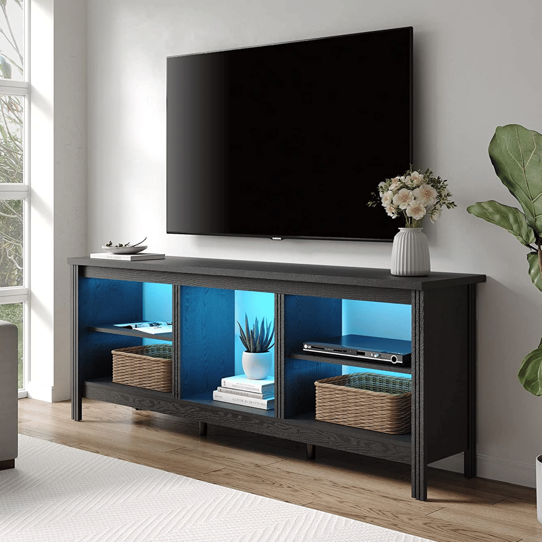 WAMPAT 70" LED TV Stand for TVs up to 80 Inches, Black Entertainment Center for 75 Inch TV