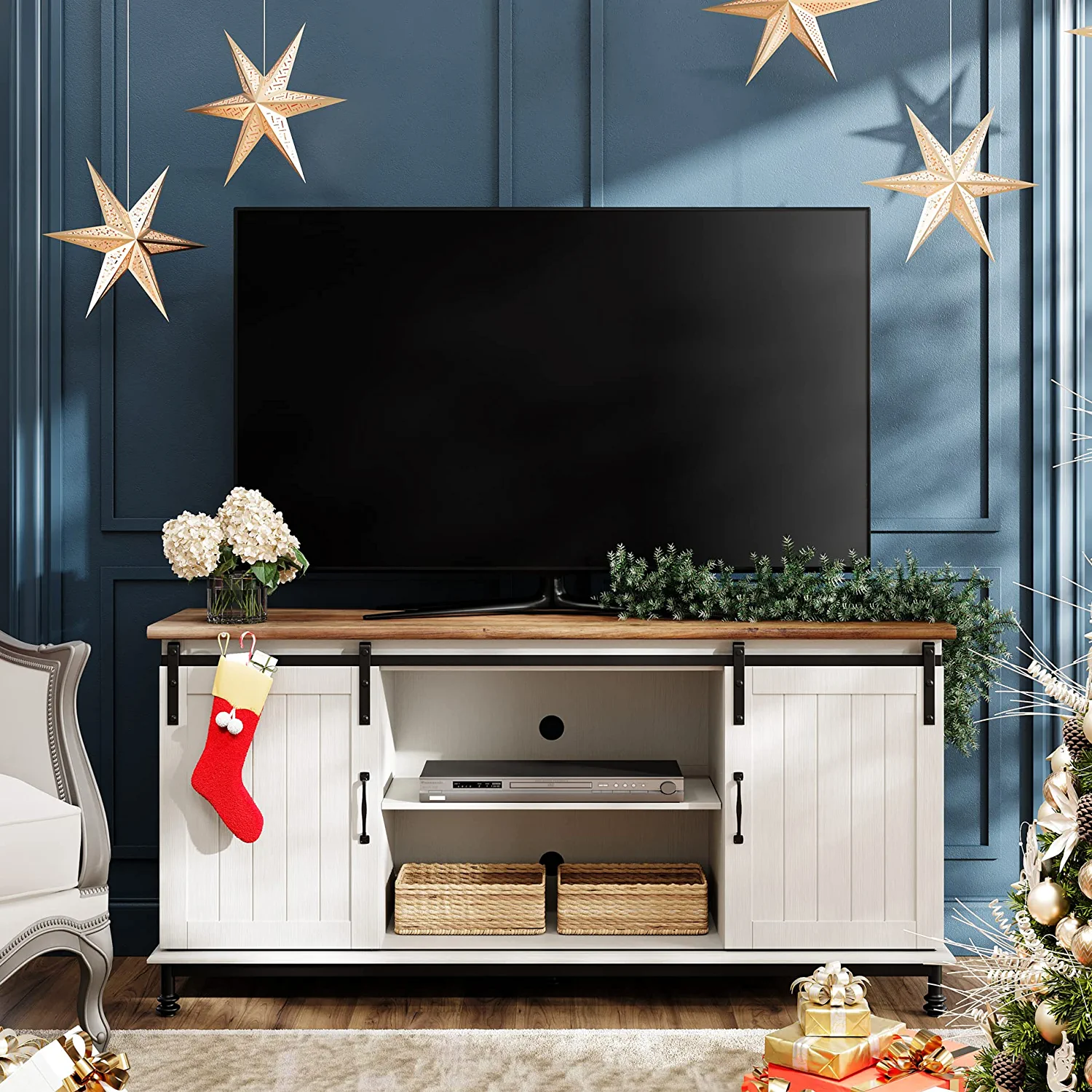 WAMPAT TV Stand for 110 Inch TV, White Entertainment Center for 90-110 inch TV Console Table Farmhouse Storage for Living Room