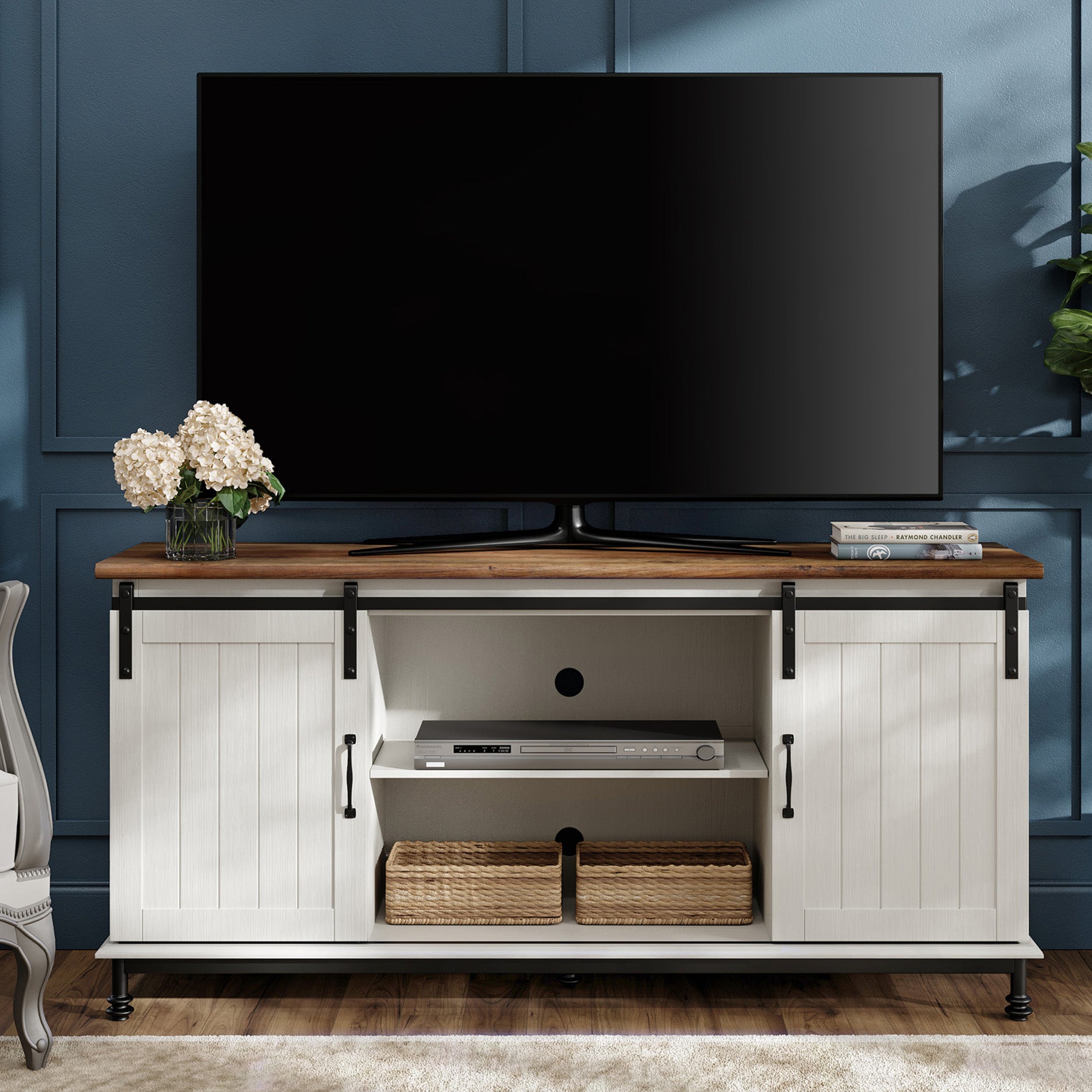 WAMPAT 58" Farmhouse TV Stand for 32-65 Inch TV, Sliding Barn Door Wood Media Entertainment Center, White