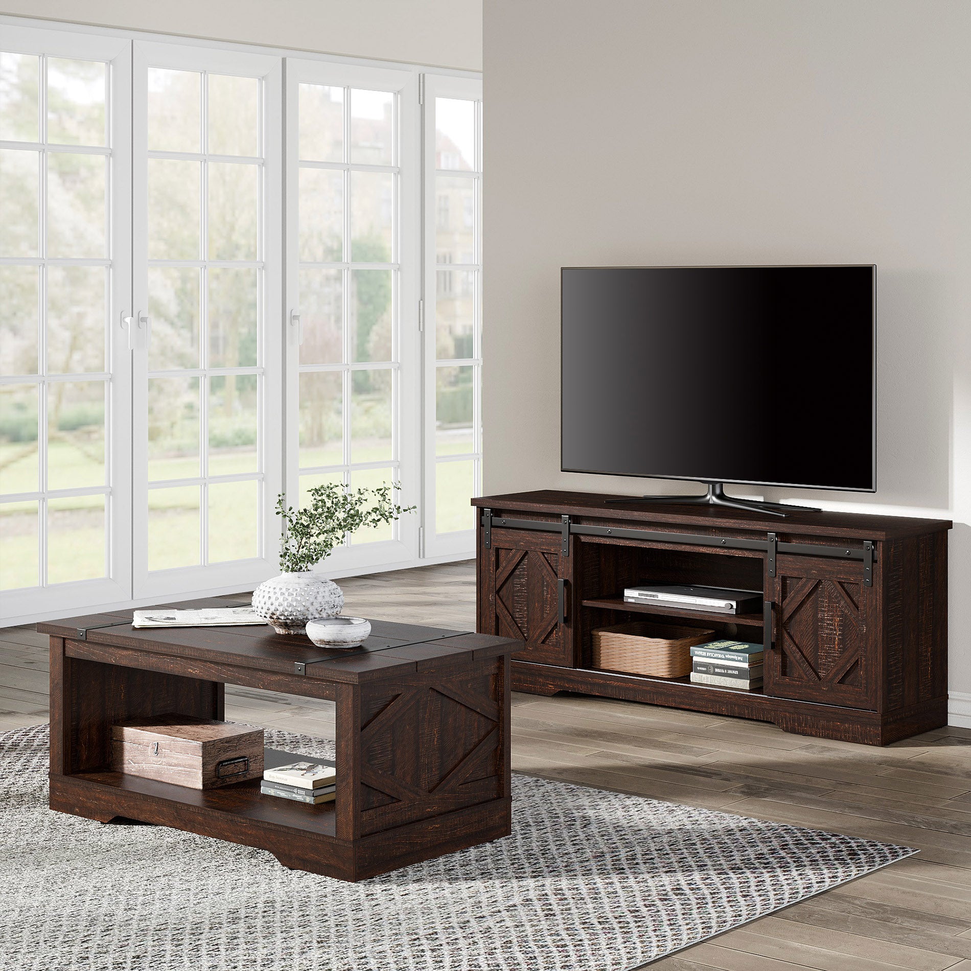 WAMPAT 60" Farmhouse Wooden TV Stand for 32-65 Inch TV, Sliding Barn Door Entertainment Center, Rustic Brown