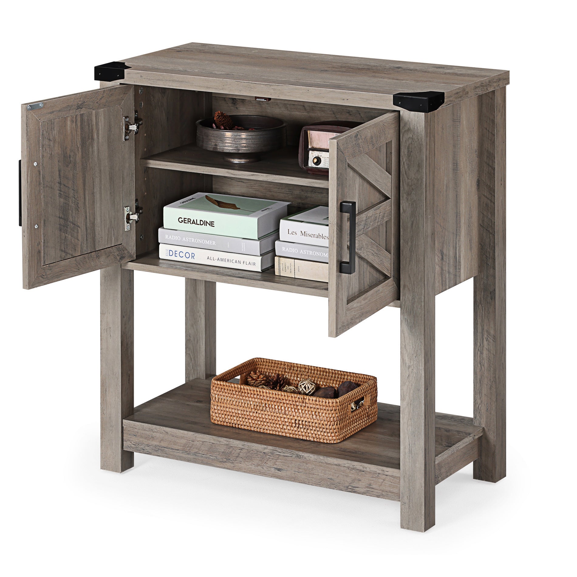 WAMPAT 16" Modern Farmhouse Buffet Cabinet, Wood Sideboard with Cabinet & Open Storage, Yellow LED Light, Wash Grey