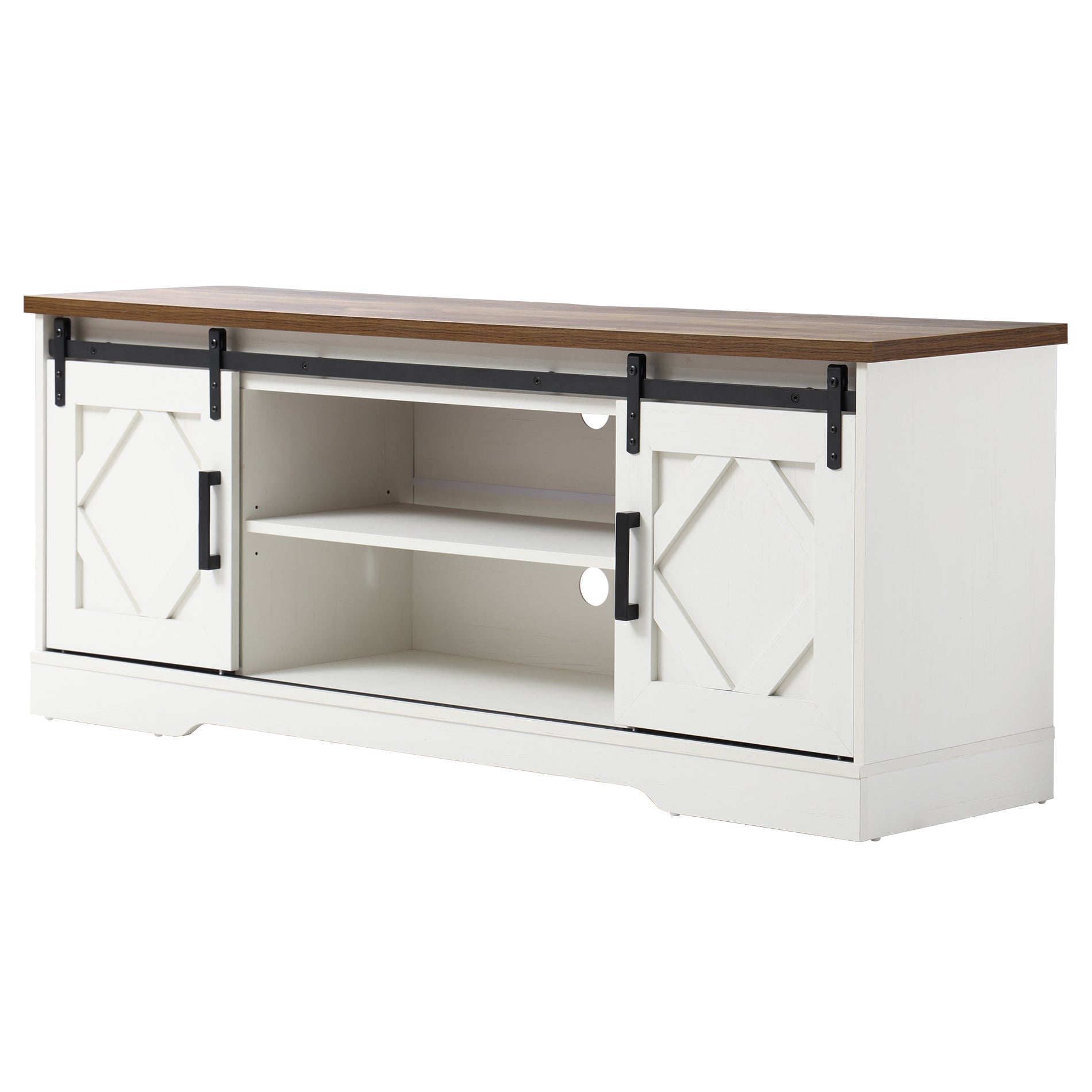 WAMPAT 60" Farmhouse Solid Wood TV Stand for 32-65 Inch TV, Sliding Barn Door Entertainment Center, White