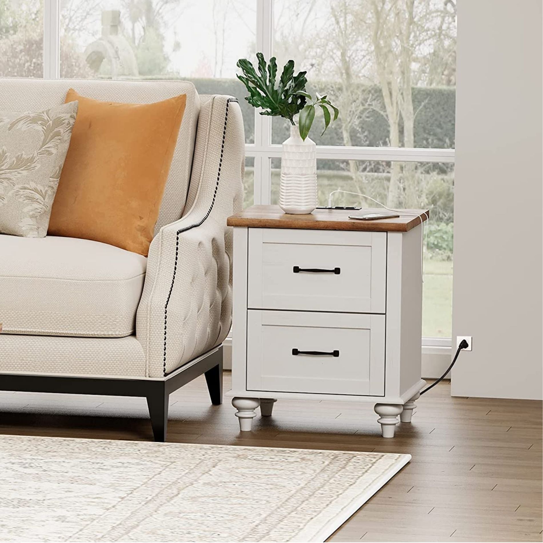 WAMPAT 19.6" White End Table with Charging Station, Farmhouse Nightstand with Storage, 2 Power outlets & 2 USB Ports for Living Room
