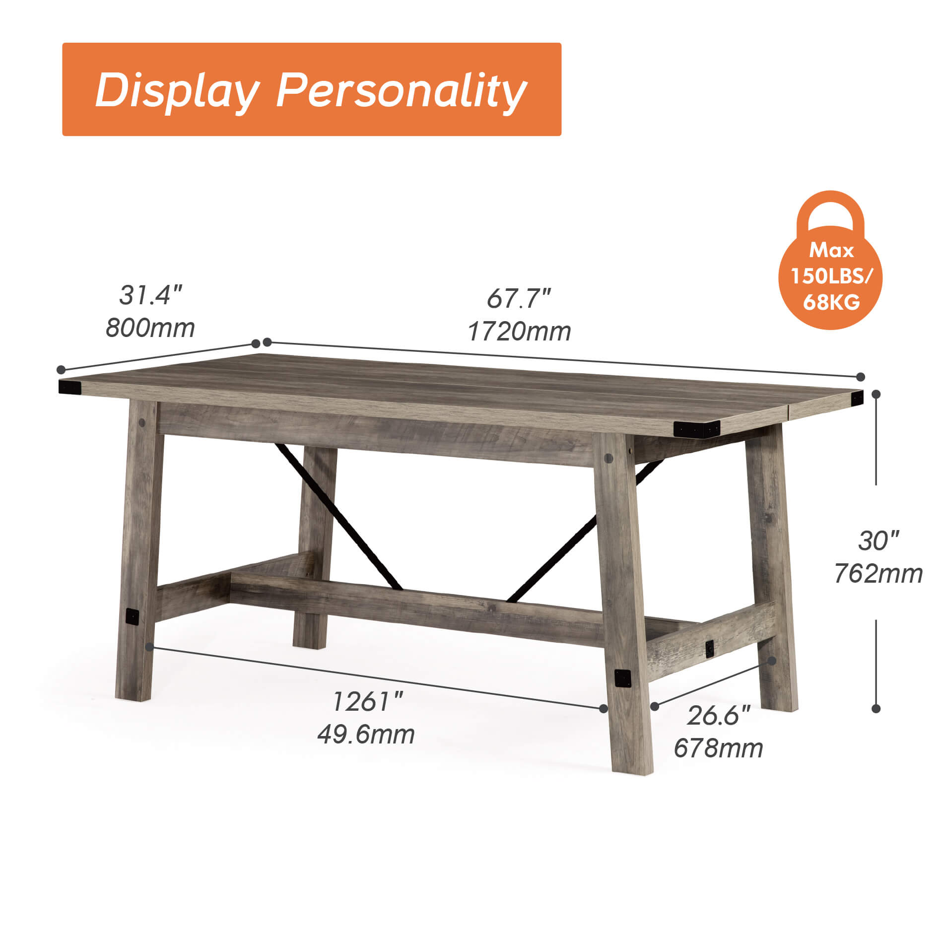 WAMPAT 67.7" Modern Wood Dining Room Table, Rustic Grey