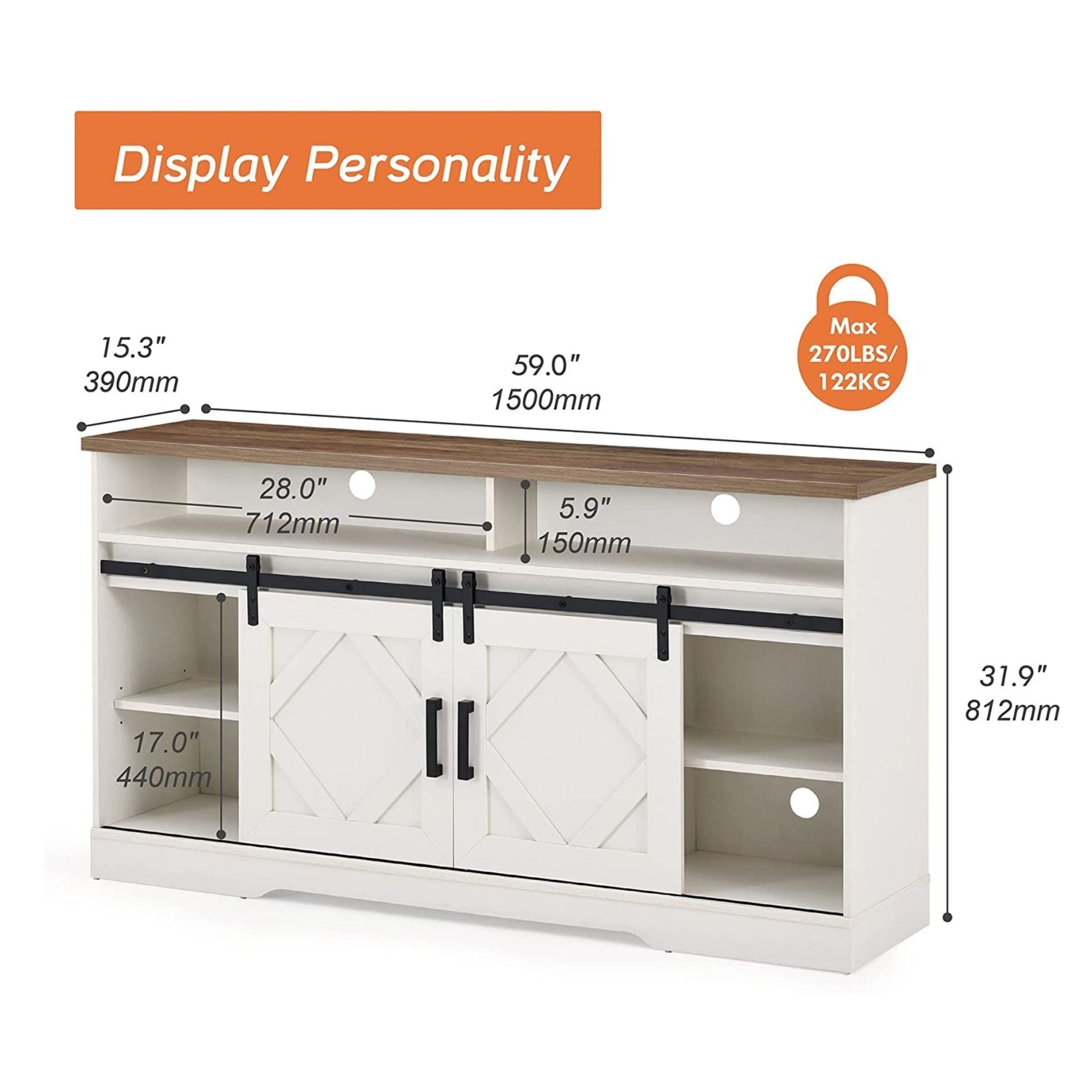 WAMPAT 60" TV Stand for TVs Up to 65 Inch, Farmhouse Wood Entertainment Center without Electric Fireplace, White