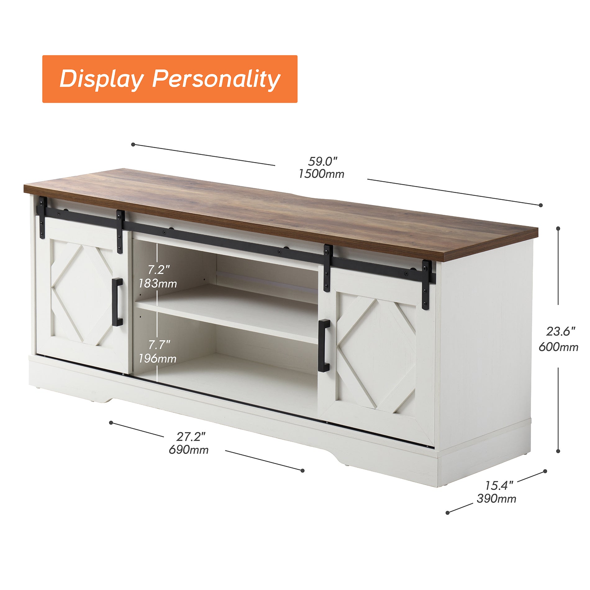 WAMPAT 60" Farmhouse Solid Wood TV Stand for 32-65 Inch TV, Sliding Barn Door Entertainment Center, White