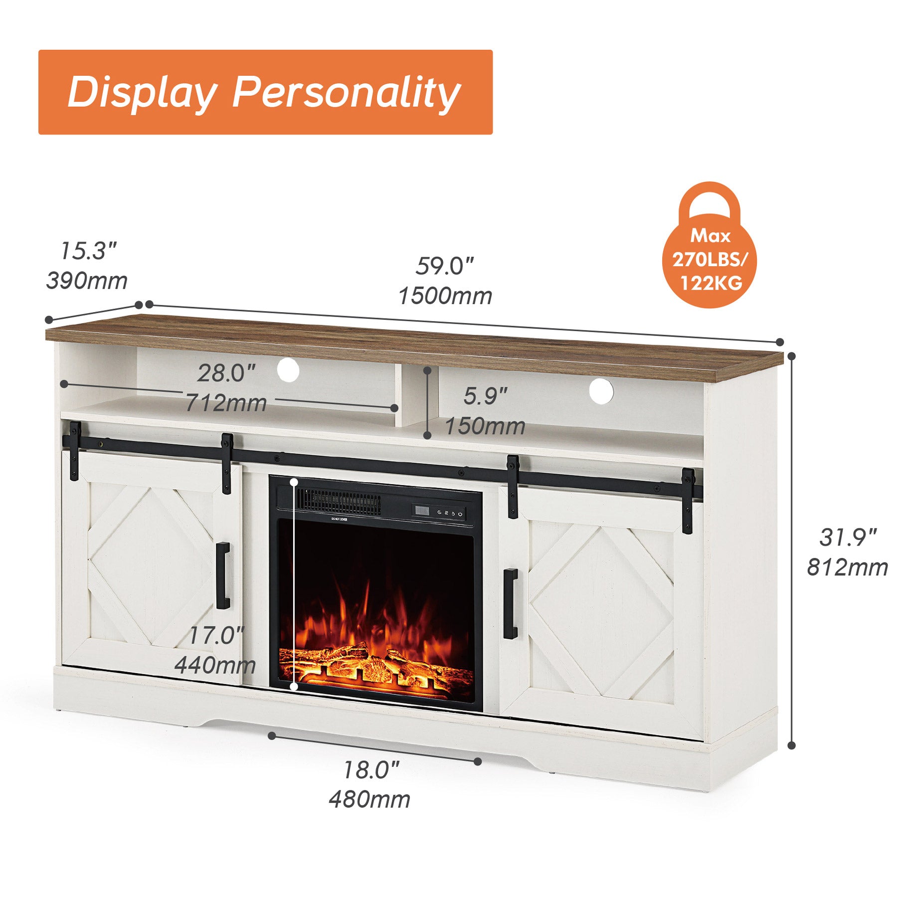 WAMPAT 60" Electric Fireplace TV Stand for TVs Up to 65 Inch, Farmhouse Wood Entertainment Center with Electric Fireplace, White