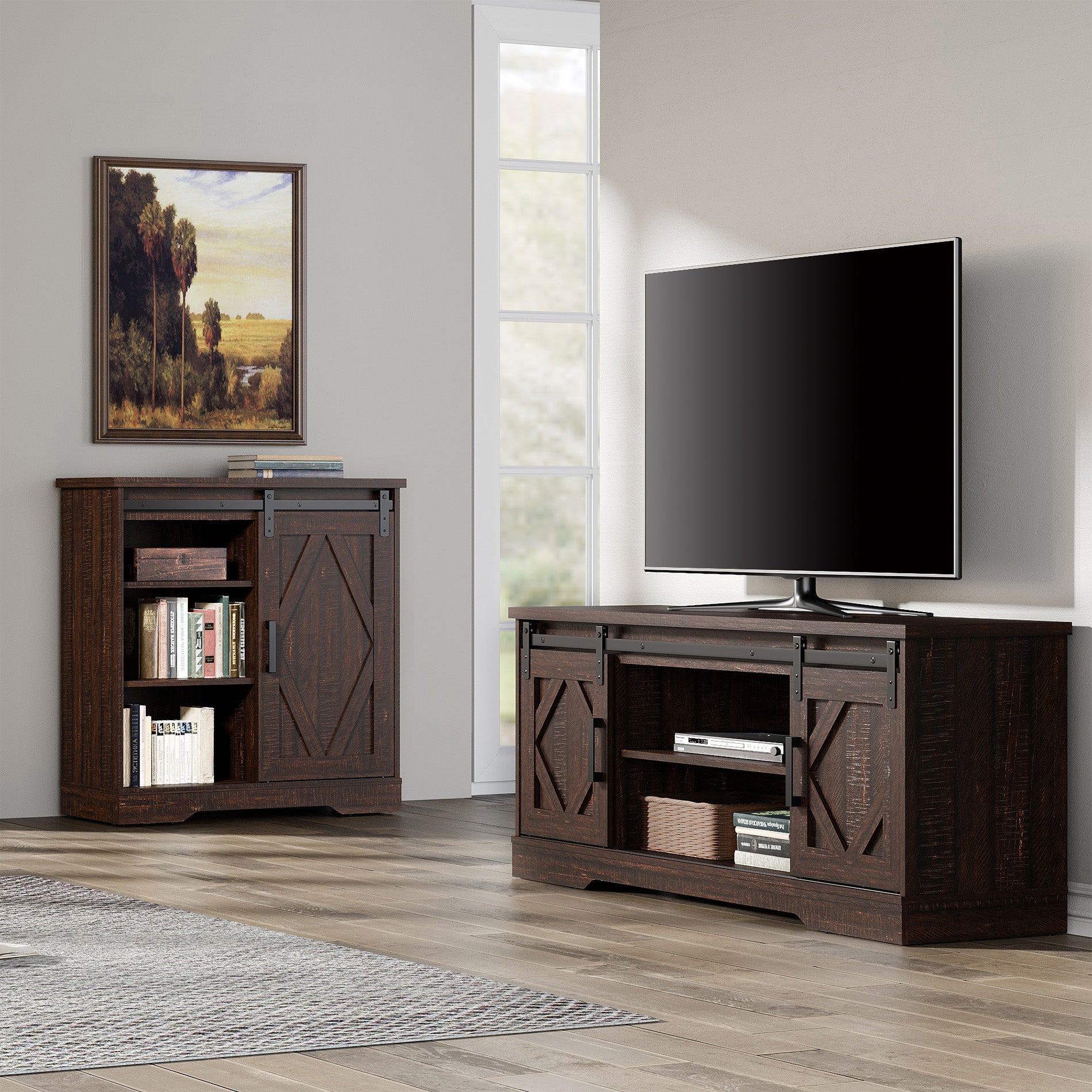 WAMPAT 60" Farmhouse Wooden TV Stand for 32-65 Inch TV, Sliding Barn Door Entertainment Center, Rustic Brown