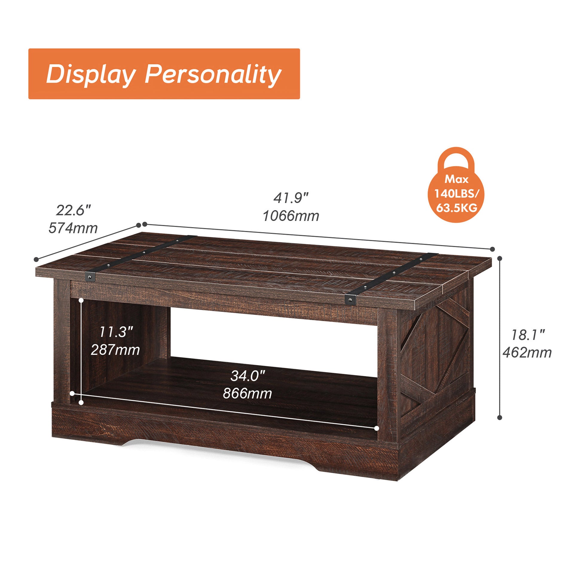 WAMPAT 42" Modern Farmhouse Coffee Table with Open Storage for Living Room, Rustic Brown