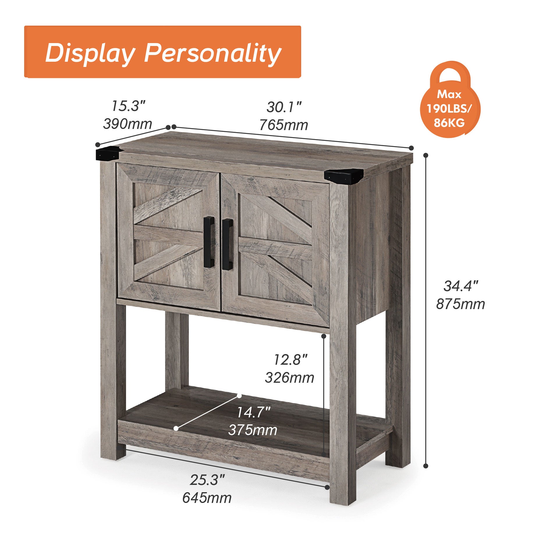 WAMPAT 16" Modern Farmhouse Buffet Cabinet, Wood Sideboard with Cabinet & Open Storage, Wash Grey