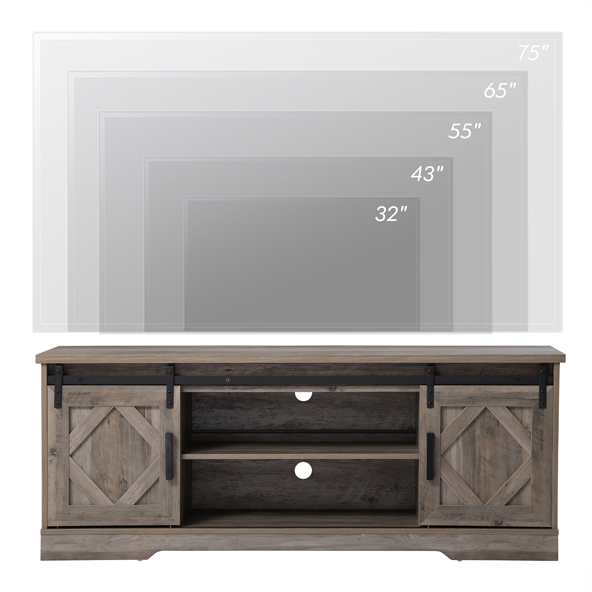 WAMPAT 60" Solid Wood TV Stand for 32-65 Inch TV, Farmhouse Sliding Barn Door Entertainment Center, Grey
