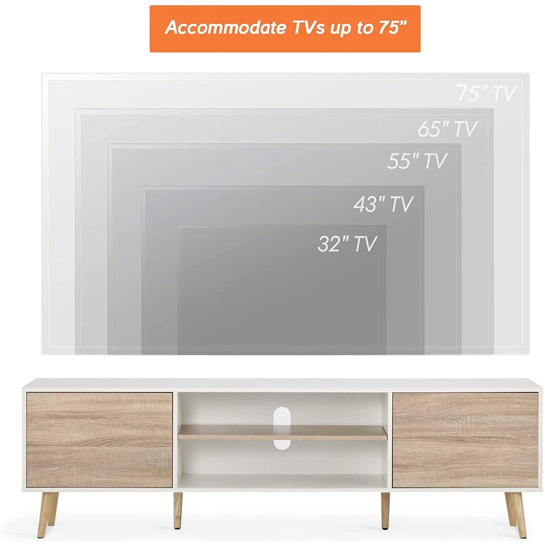 WAMPAT Mid Century Modern Wood TV Stand for 32-75 Inch TV, Home Entertainment Center TV Cabinet Unit, White & Oak