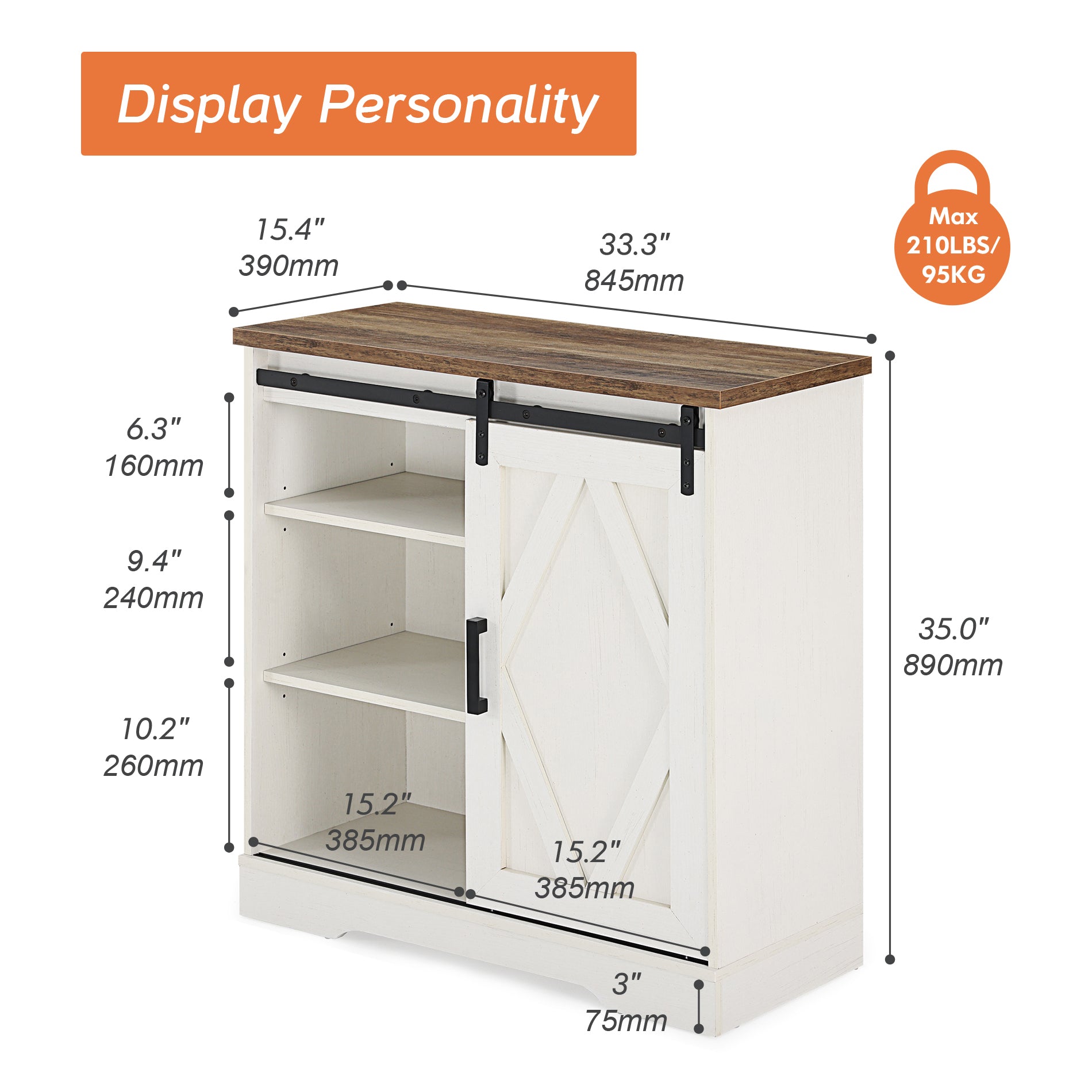 WAMPAT 35" Rustic Farmhouse Accent Buffet Sideboard Coffee Bar Cabinet with Sliding Barn Door, Storage Shelves for Home Kitchen Bathroom, White