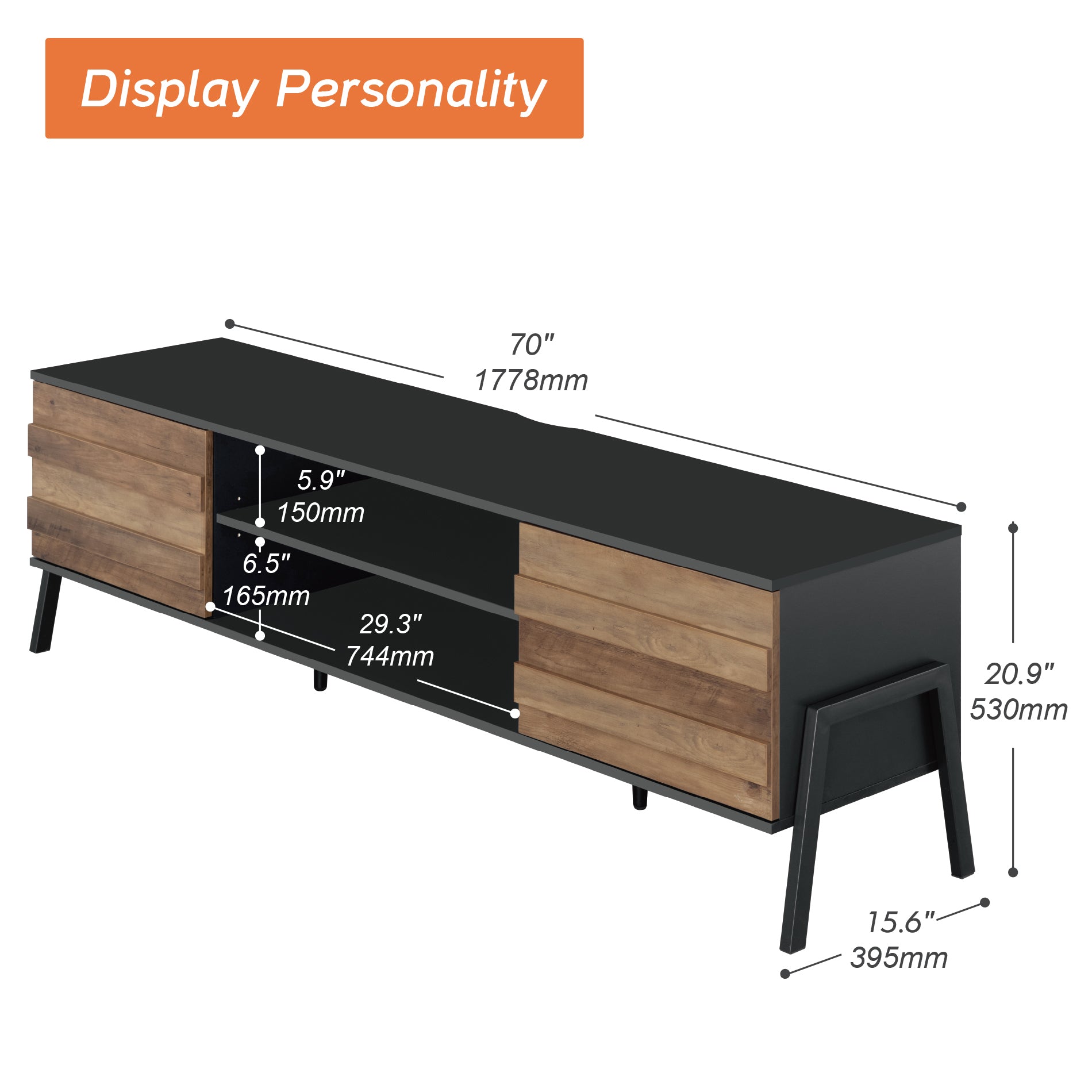 WAMPAT 70" Mid-Century Modern TV Stand for 32-65 Inch TV, Home Entertainment Center TV Cabinet Unit, Black & Oak