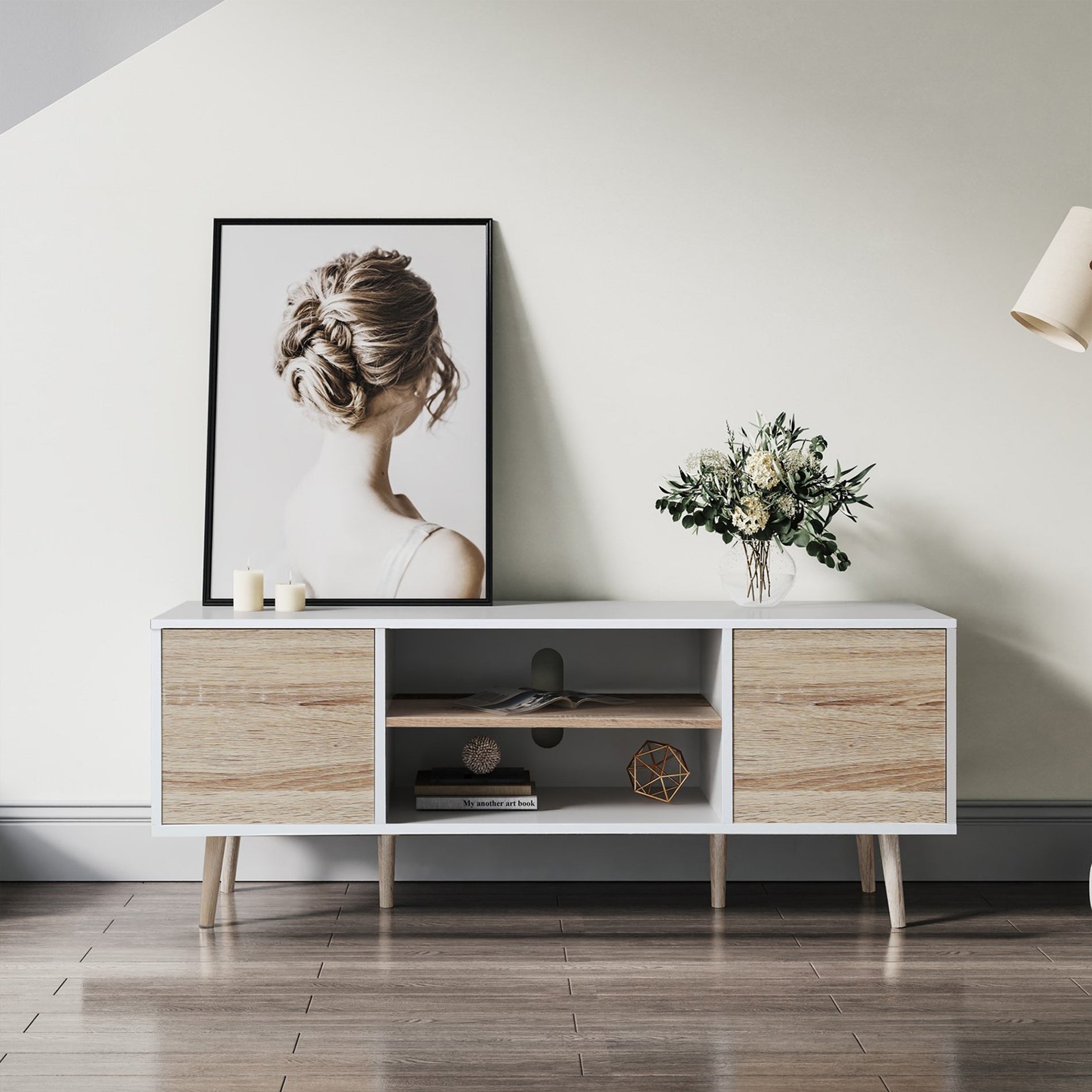WAMPAT Mid Century Modern Wood TV Stand for 32-75 Inch TV, Home Entertainment Center TV Cabinet Unit, White & Oak