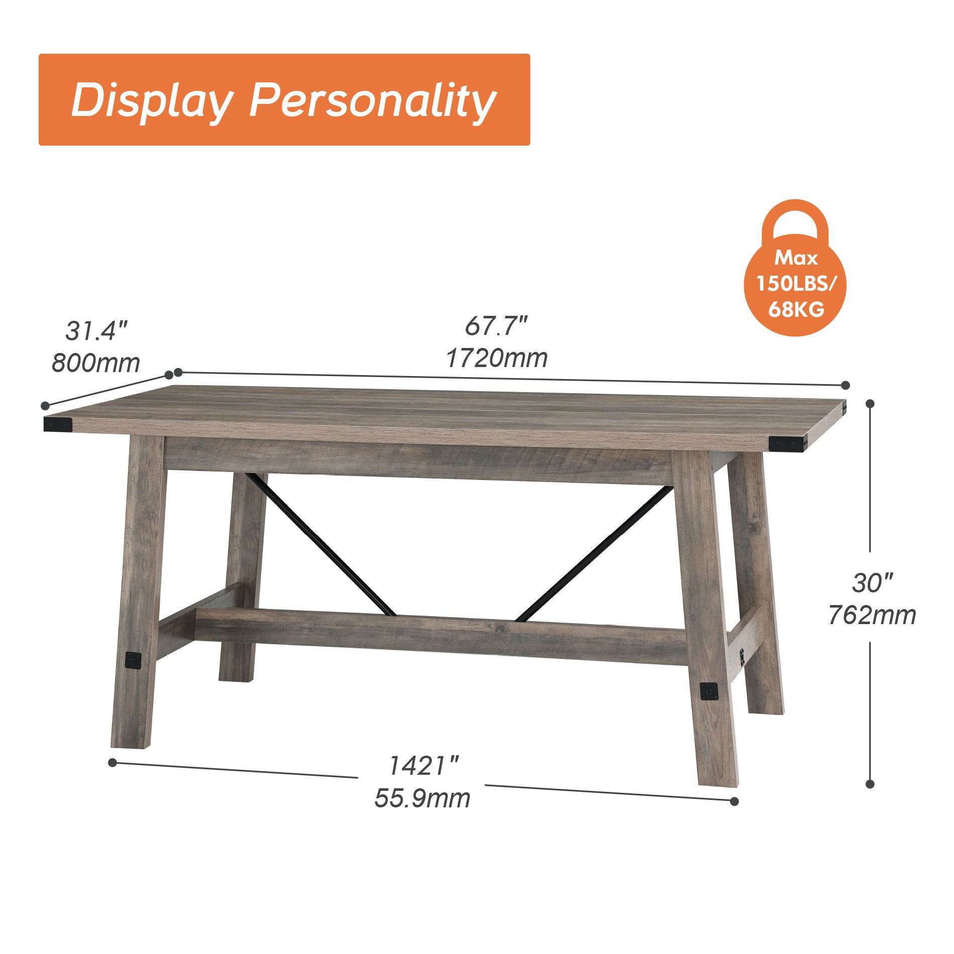 WAMPAT 67.7" 6 Person Modern Wood Dining Room Table, Rustic Grey