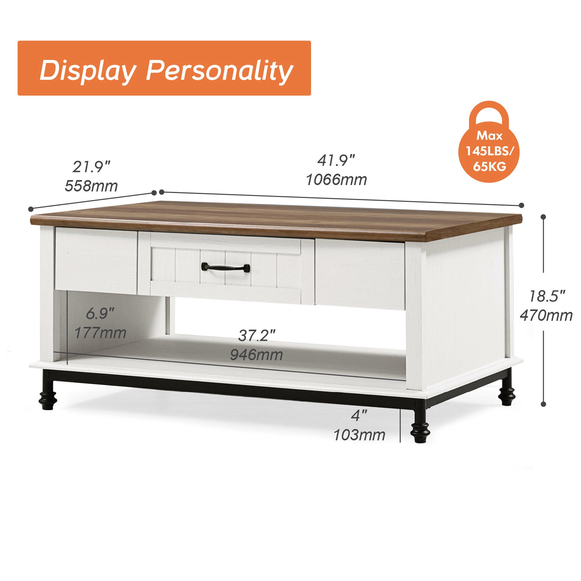 WAMPAT 42" Farmhouse Coffee Table with 1 Drawer & Open Storage Shelf for Living Room, White