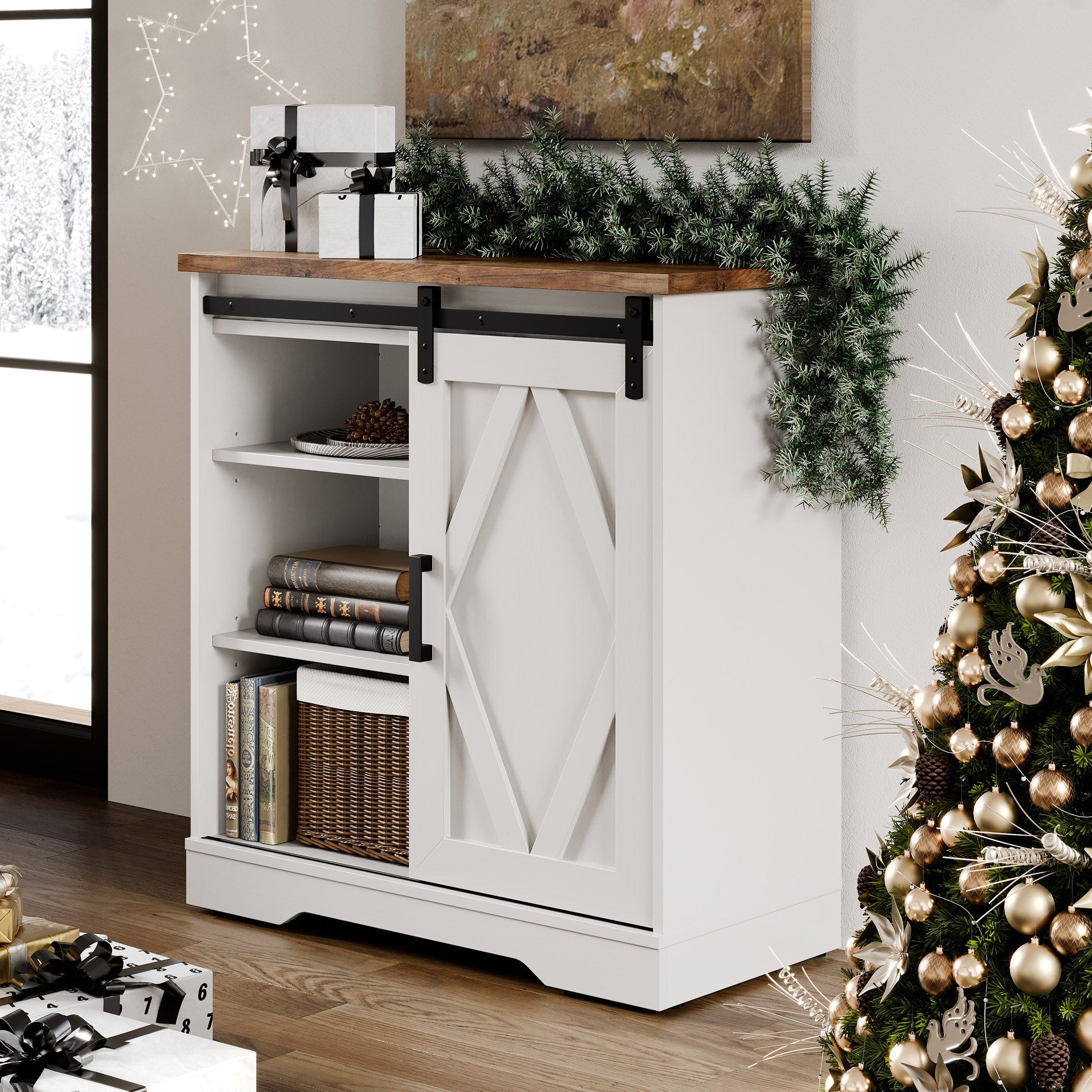 WAMPAT 35" Rustic Farmhouse Accent Buffet Sideboard Coffee Bar Cabinet with Sliding Barn Door, Storage Shelves for Home Kitchen Bathroom, White