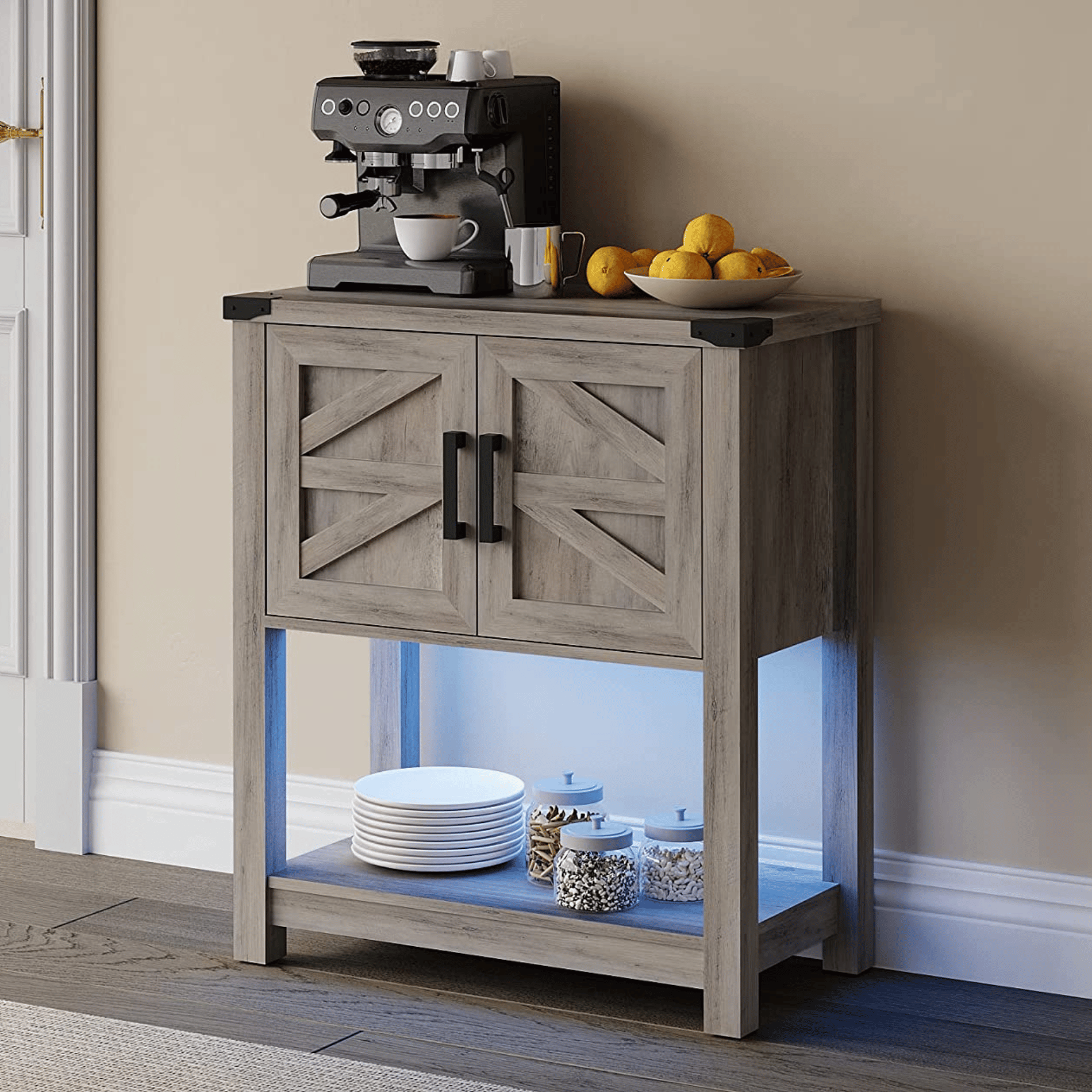 WAMPAT 16" Modern Farmhouse Buffet Cabinet, Wood Sideboard with Cabinet & Open Storage, Blue LED Light, Wash Grey