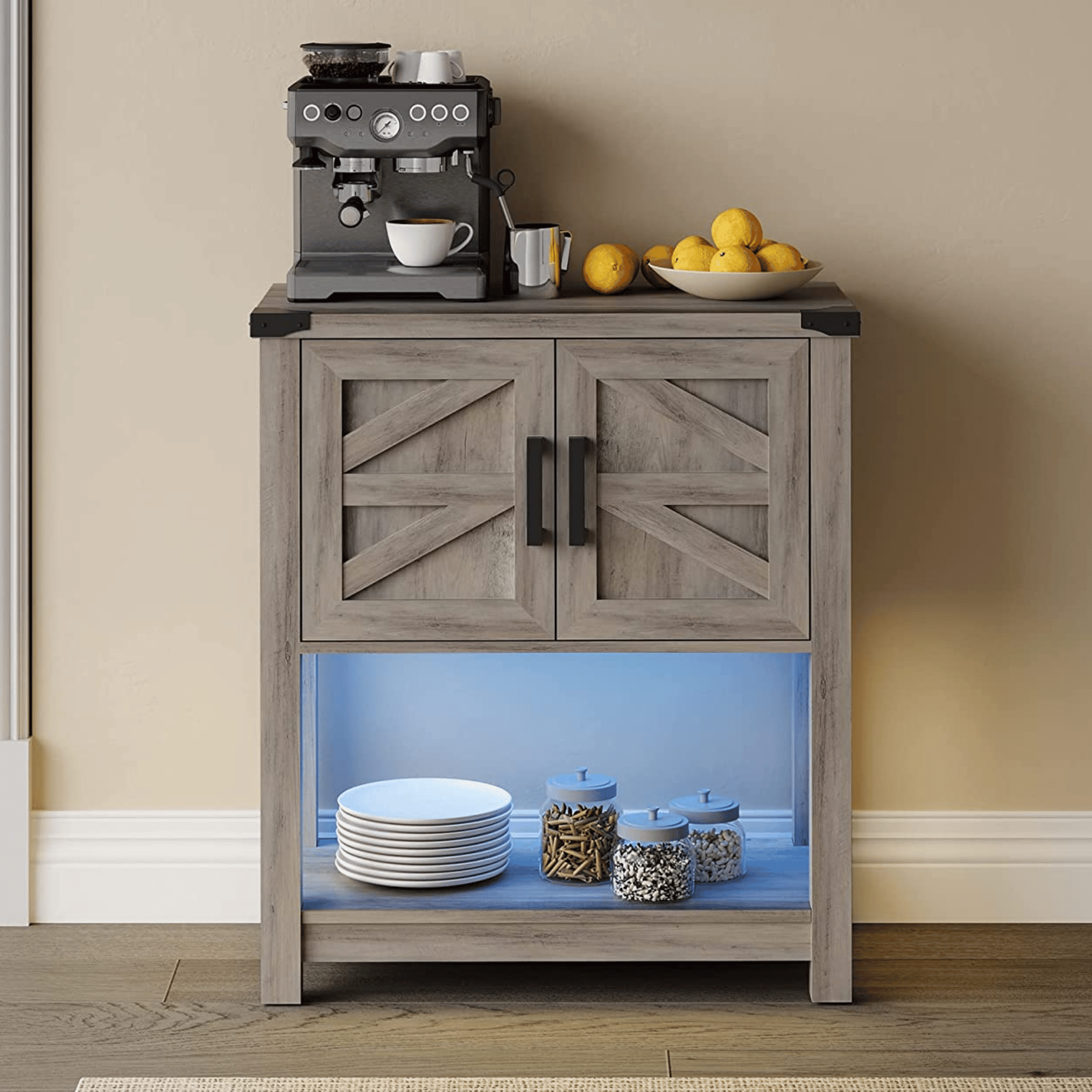 WAMPAT 16" Modern Farmhouse Buffet Cabinet, Wood Sideboard with Cabinet & Open Storage, Blue LED Light, Wash Grey