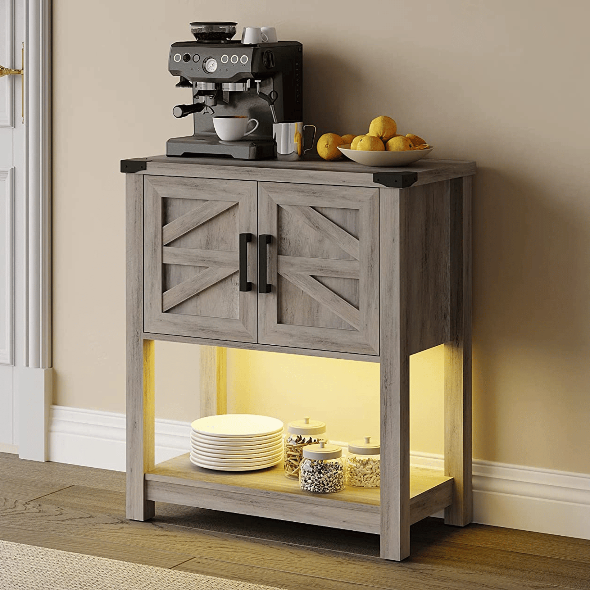 WAMPAT 16" Modern Farmhouse Buffet Cabinet, Wood Sideboard with Cabinet & Open Storage, Yellow LED Light, Wash Grey
