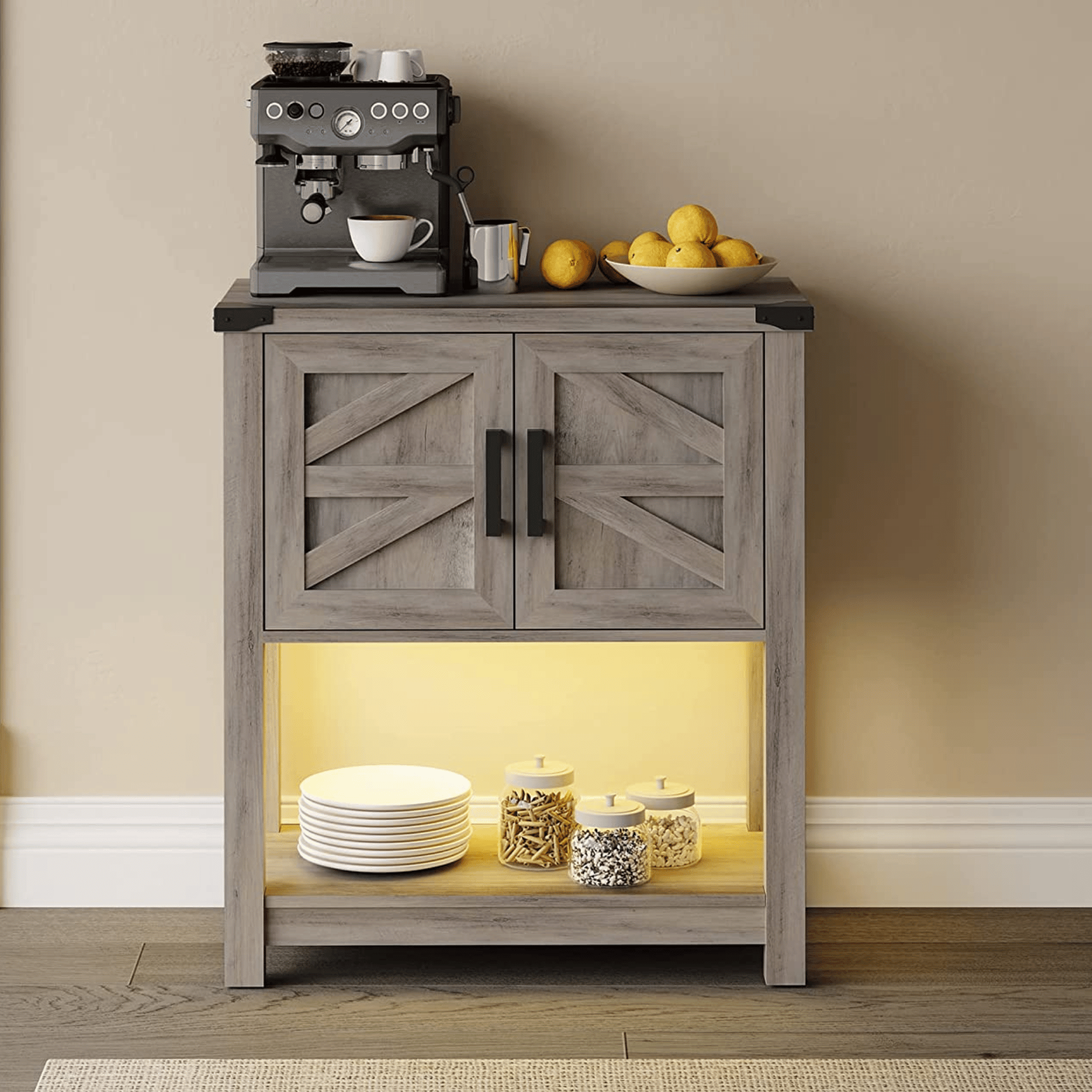 WAMPAT 16" Modern Farmhouse Buffet Cabinet, Wood Sideboard with Cabinet & Open Storage, Yellow LED Light, Wash Grey