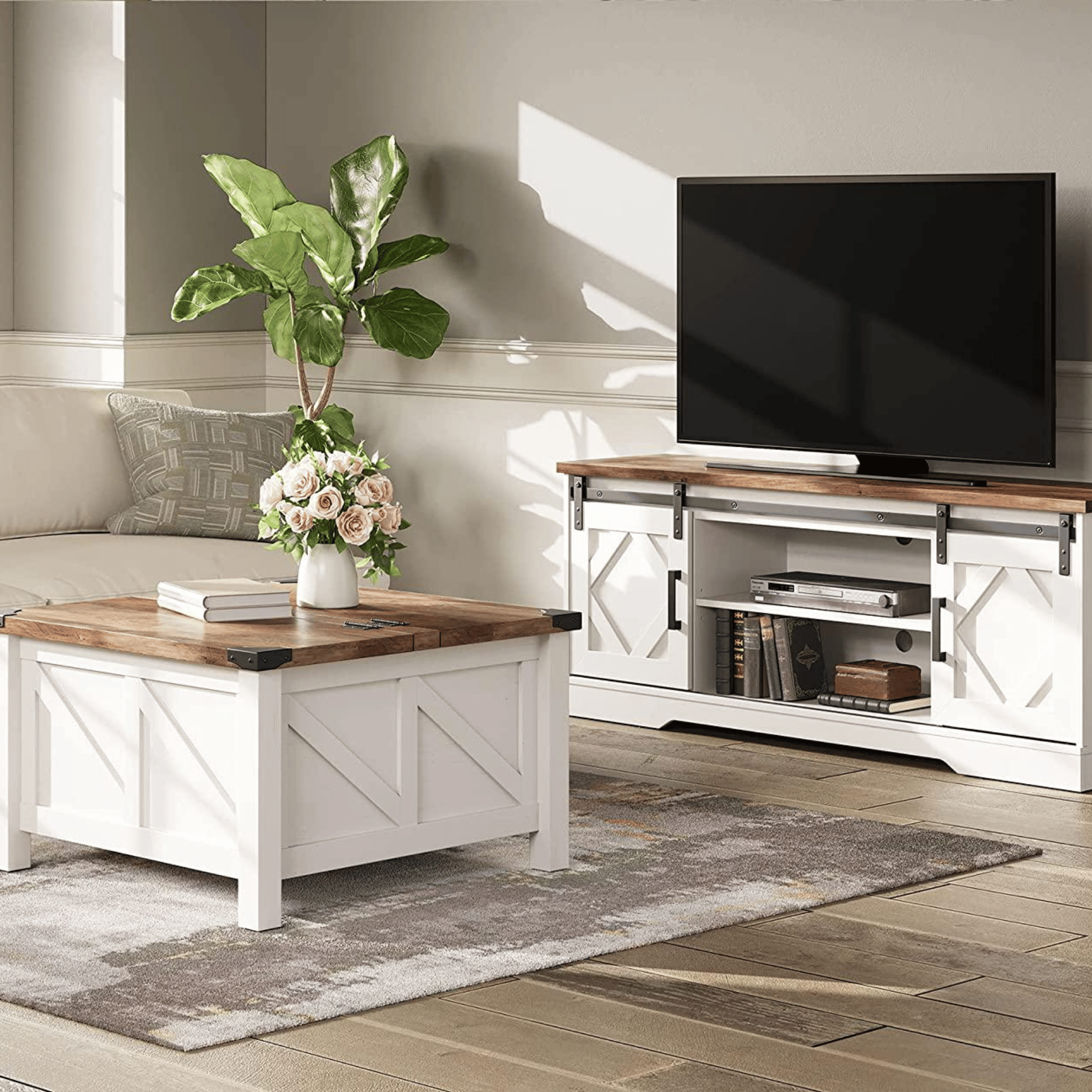 WAMPAT 30"x 30" Square Coffee Table, Rustic Grey Farmhouse Center Table with Lift Top & Storage for Living Room