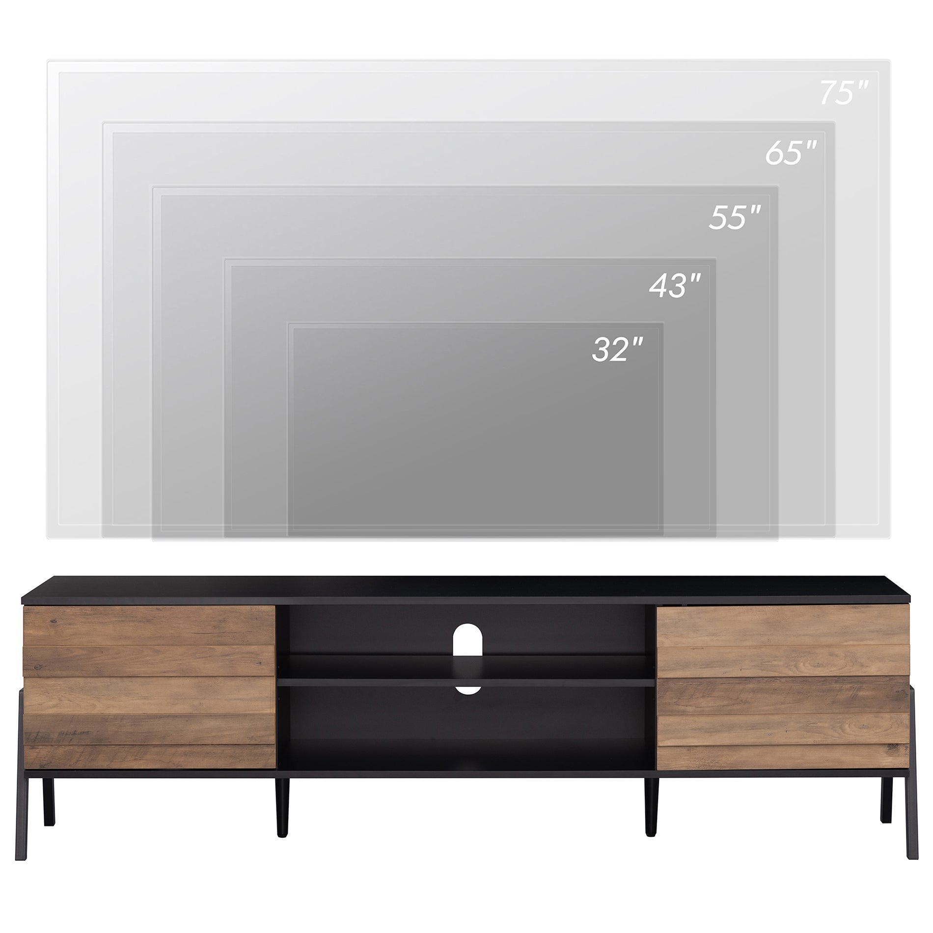 WAMPAT 70" Mid-Century Modern TV Stand for 32-65 Inch TV, Home Entertainment Center TV Cabinet Unit, Black & Oak