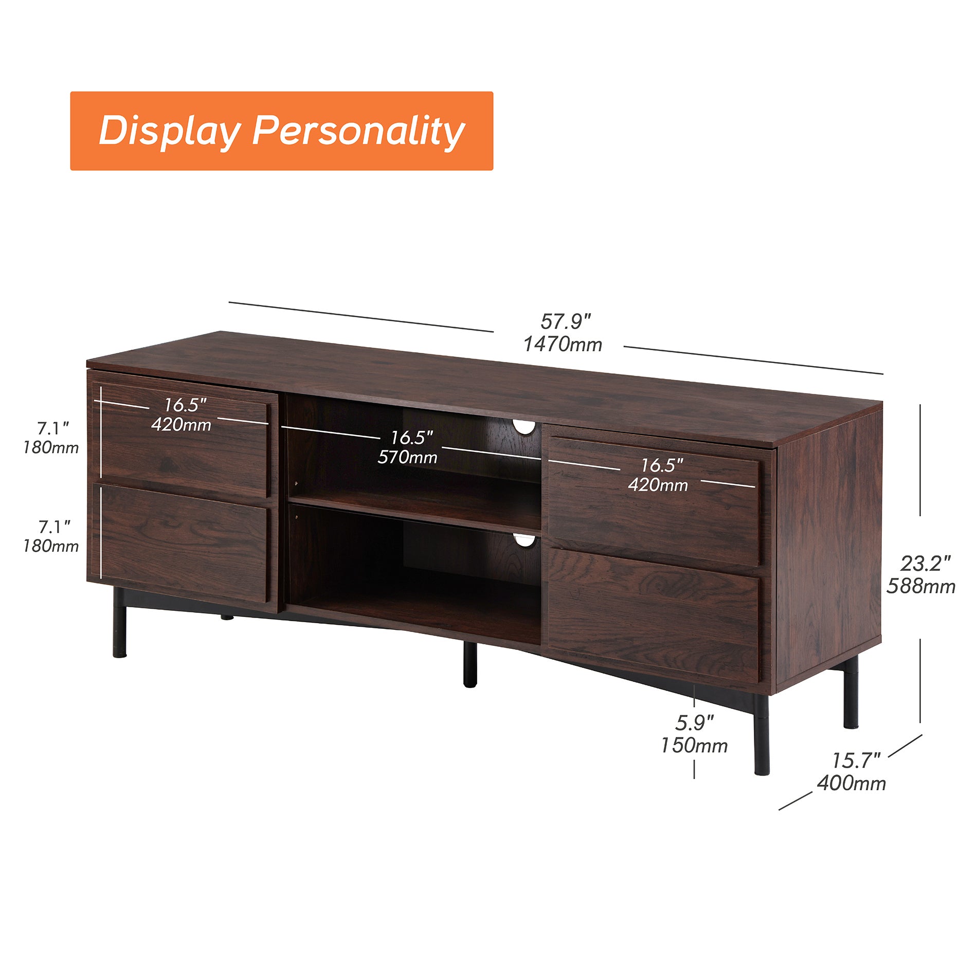 WAMPAT 58" Modern TV Stands 32-65 Inch TV, Wooden TV Storage Cabinet Console, Dark Brown