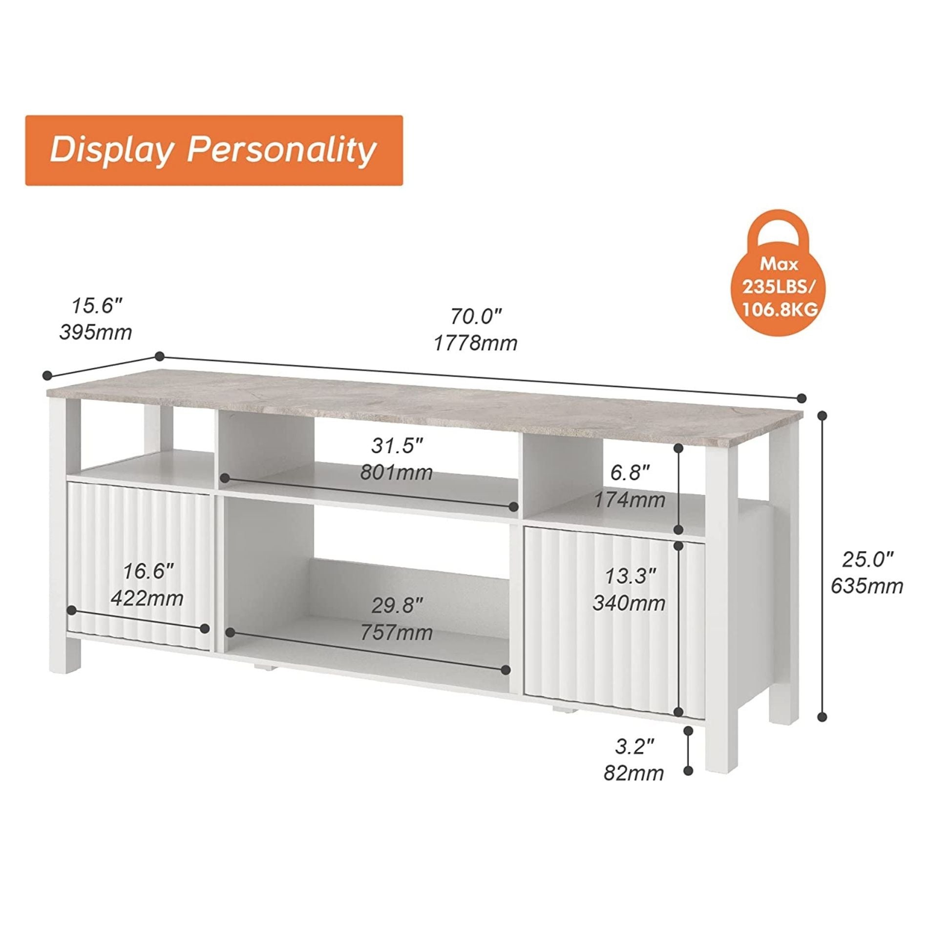 WAMPAT 70" LED TV Stand for TVs up to 75 Inch, Entertainment Center with 6 Cubby for Living Room Bedroom, White