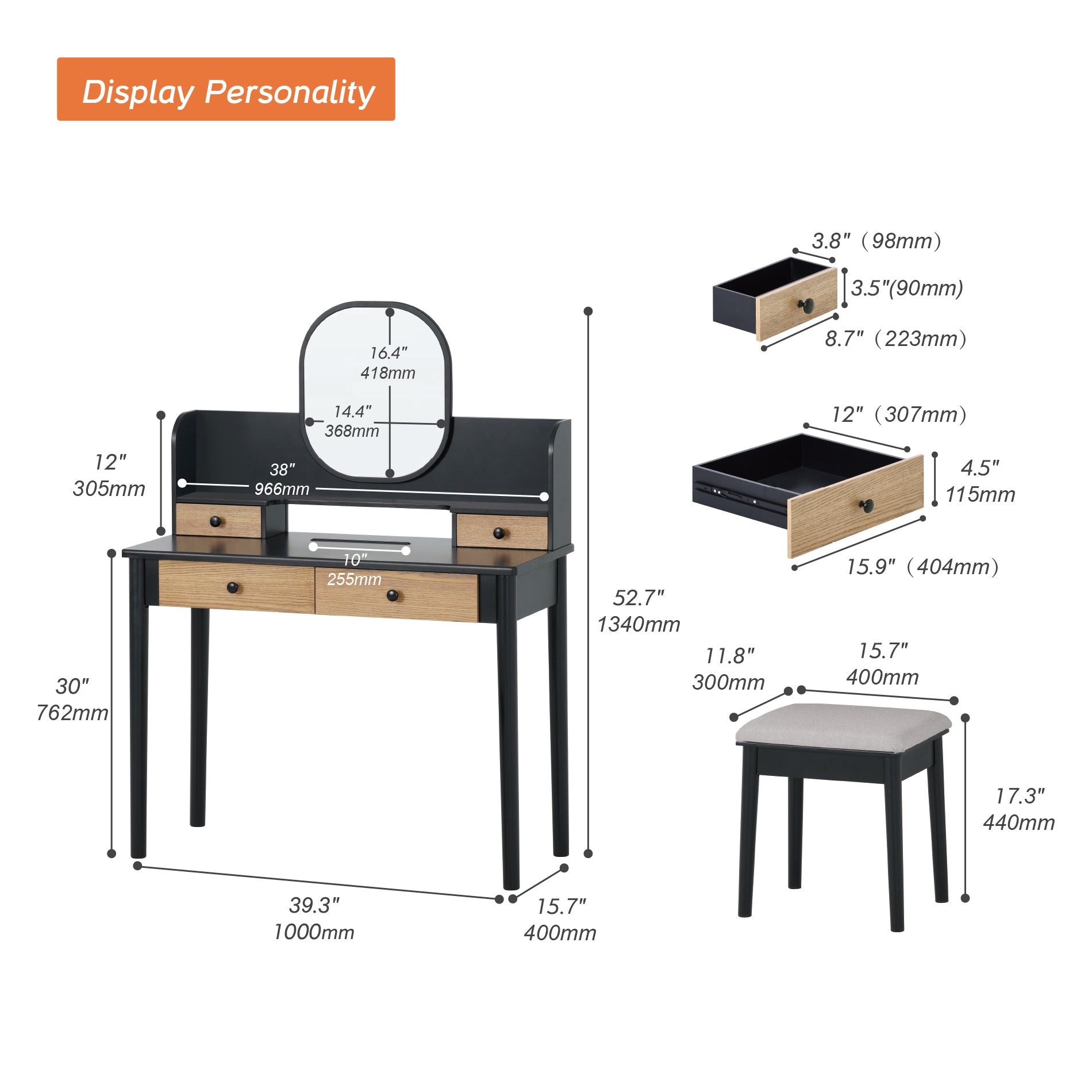 39" Makeup Vanity Table with Cushioned Stool Set Desktop Slot for Women Girls
