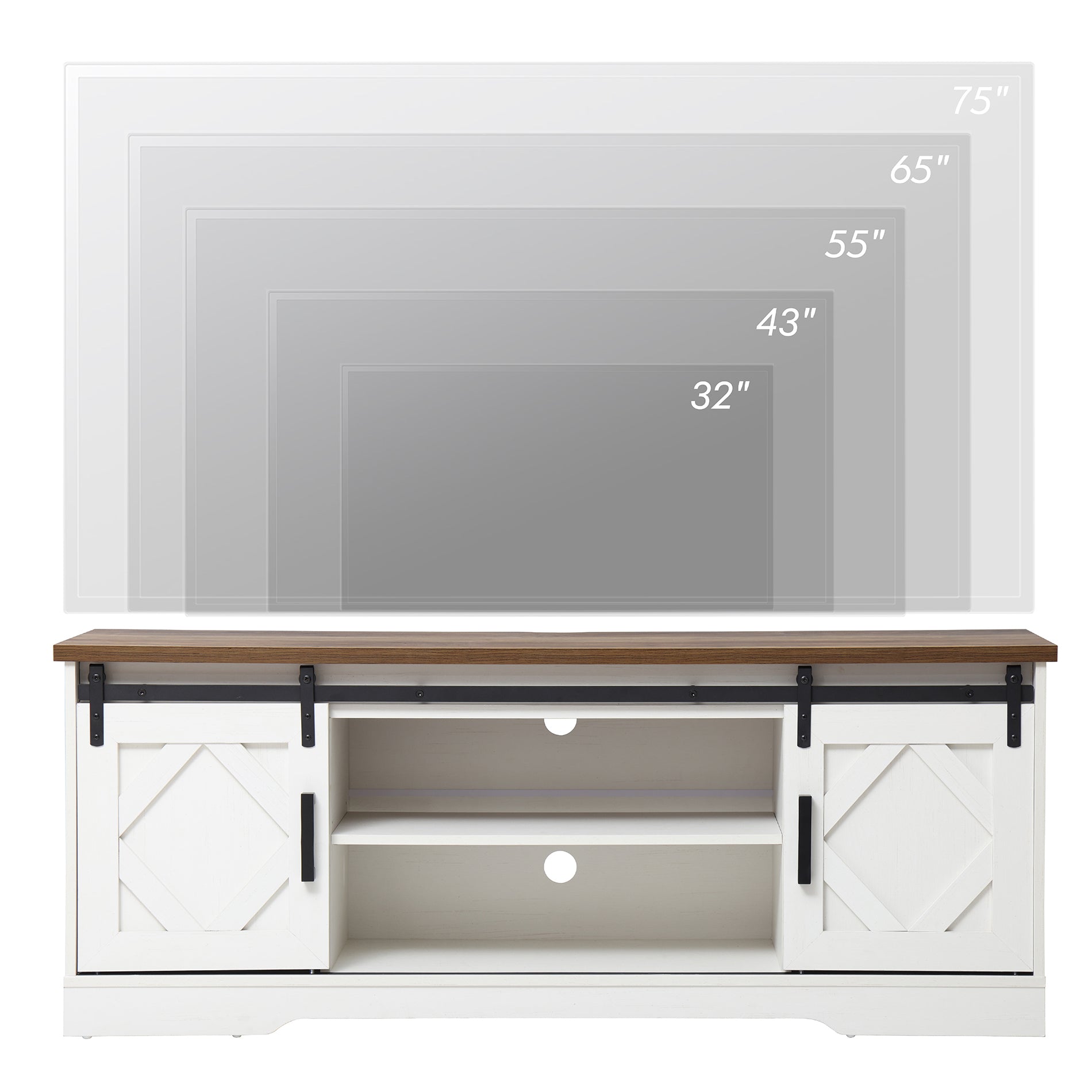 WAMPAT 60" Farmhouse Solid Wood TV Stand for 32-65 Inch TV, Sliding Barn Door Entertainment Center, White