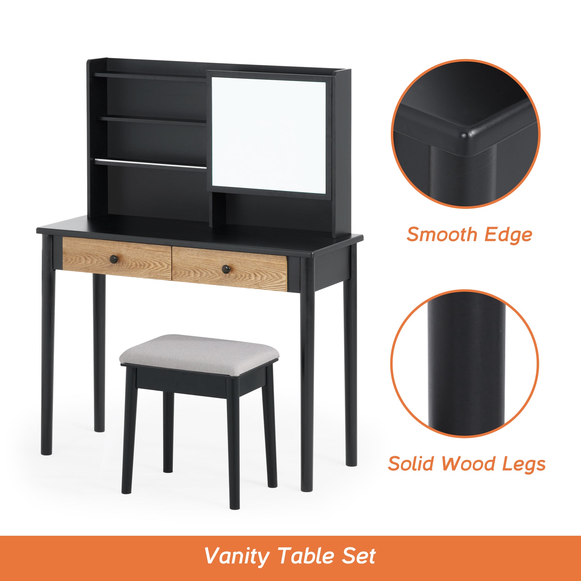 WAMPAT 40" Makeup Vanity Set with Sliding Mirror & Padded Stool for Women Teenage Girls, Black