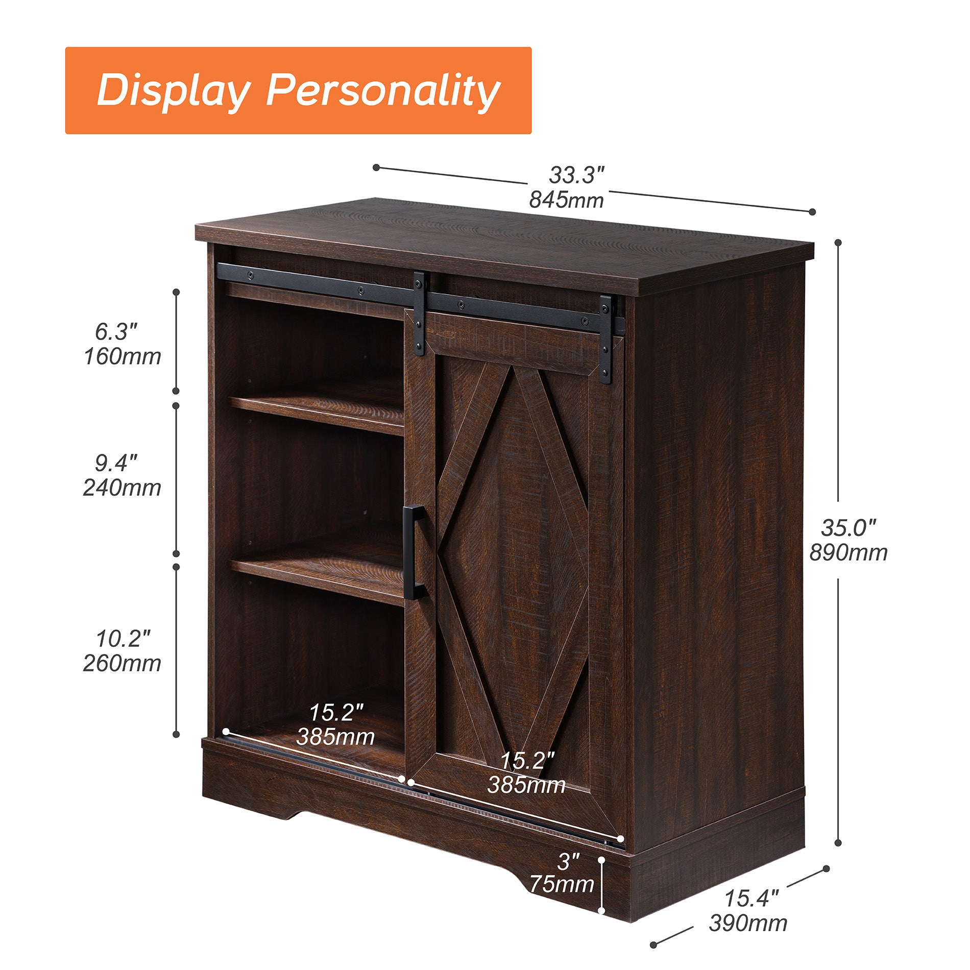 WAMPAT Farmhouse Sliding Barn Door TV Stand for 32-65 Inch TV & Accent Cabinet for Living Room, Rustic Brown