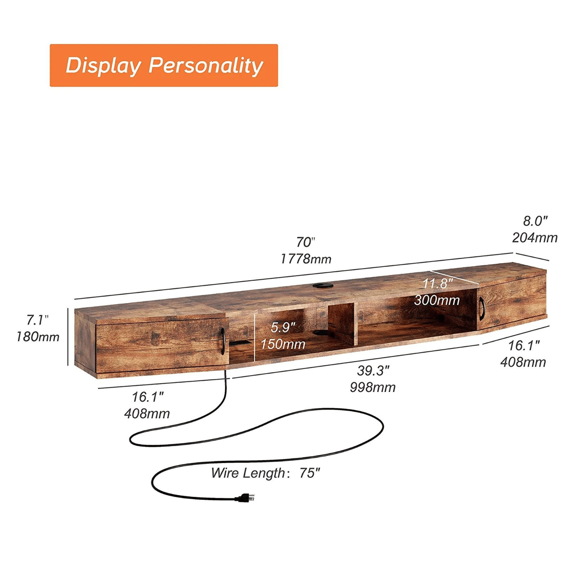 WAMPAT 70" Floating TV Shelf with Power Outlet, Wall Mounted TV Stand for 65/70/75 inch TVs