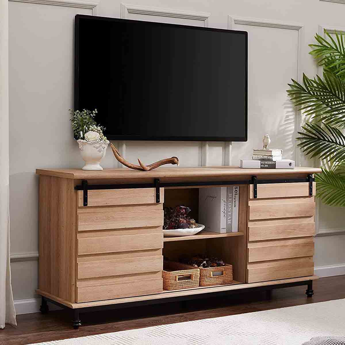 WAMPAT 58” Farmhouse TV Stands for TVs up to 70 inches, Light Brown