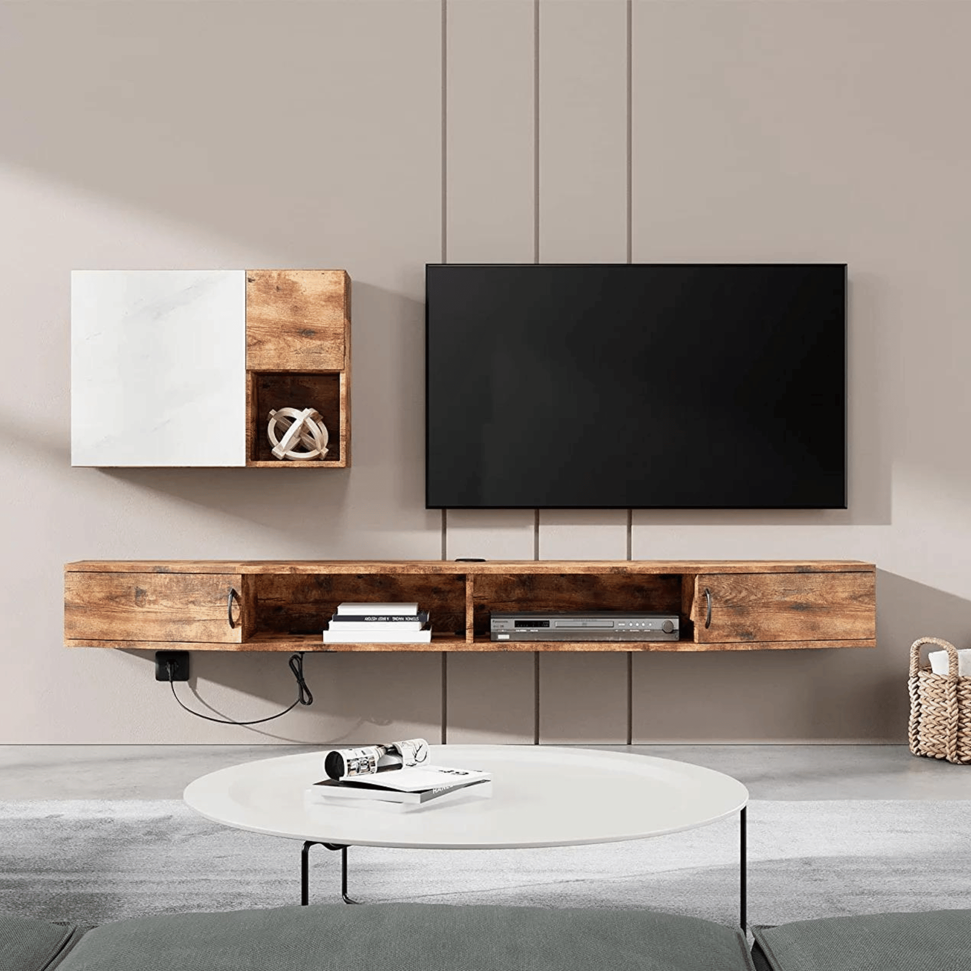 WAMPAT 70" Floating TV Shelf with Power Outlet, Wall Mounted TV Stand for 65/70/75 inch TVs