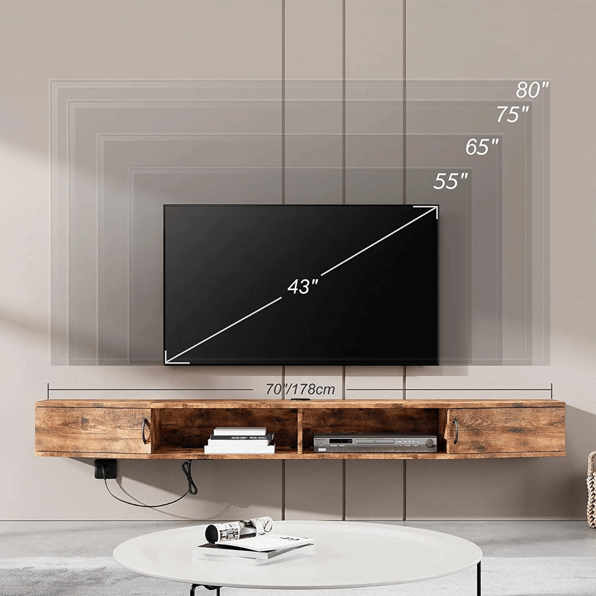 WAMPAT 70" Floating TV Shelf with Power Outlet, Wall Mounted TV Stand for 65/70/75 inch TVs
