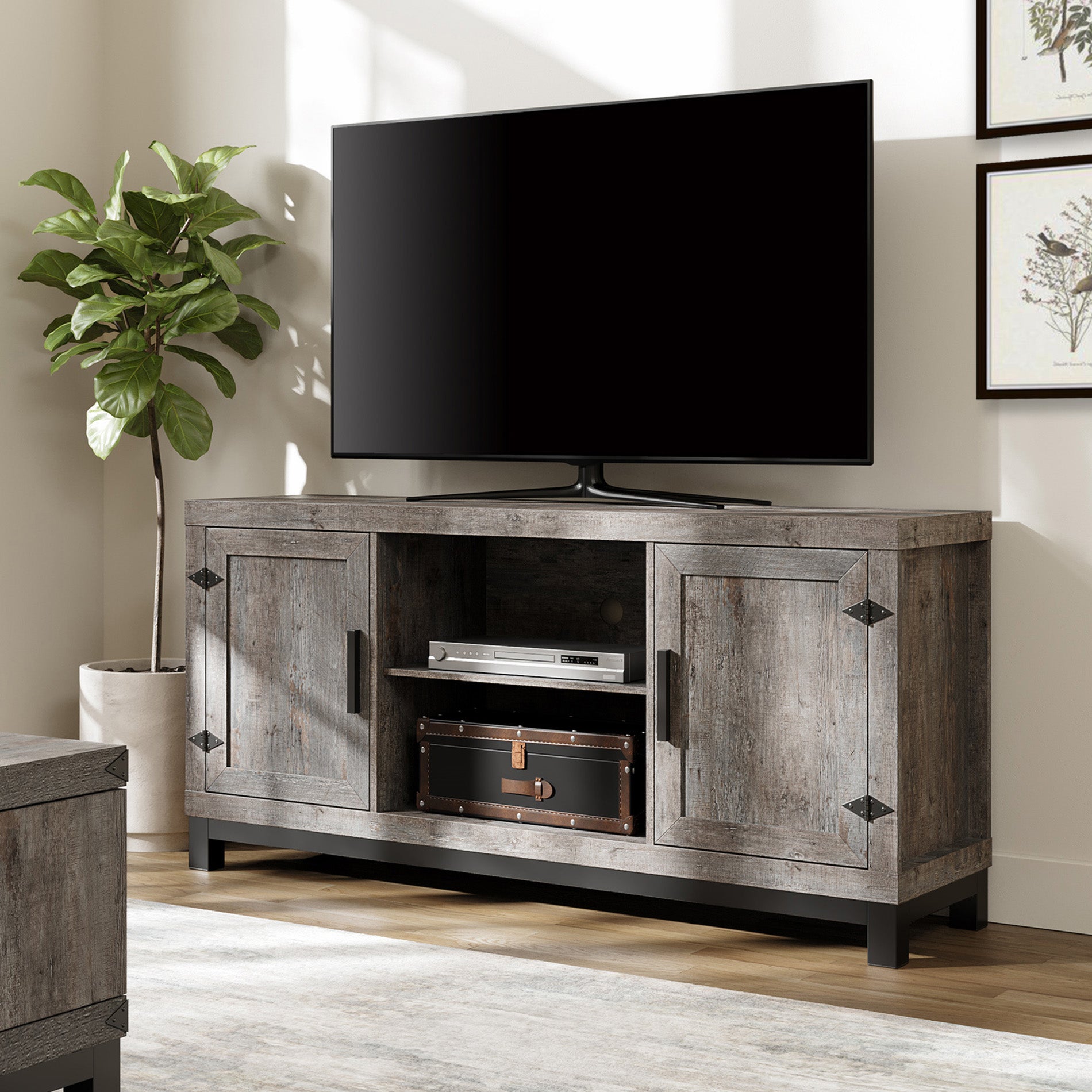 WAMPAT 58" Modern Farmhouse Barn Door TV Stand with LED Light for 32-65 Inch TV, Grey