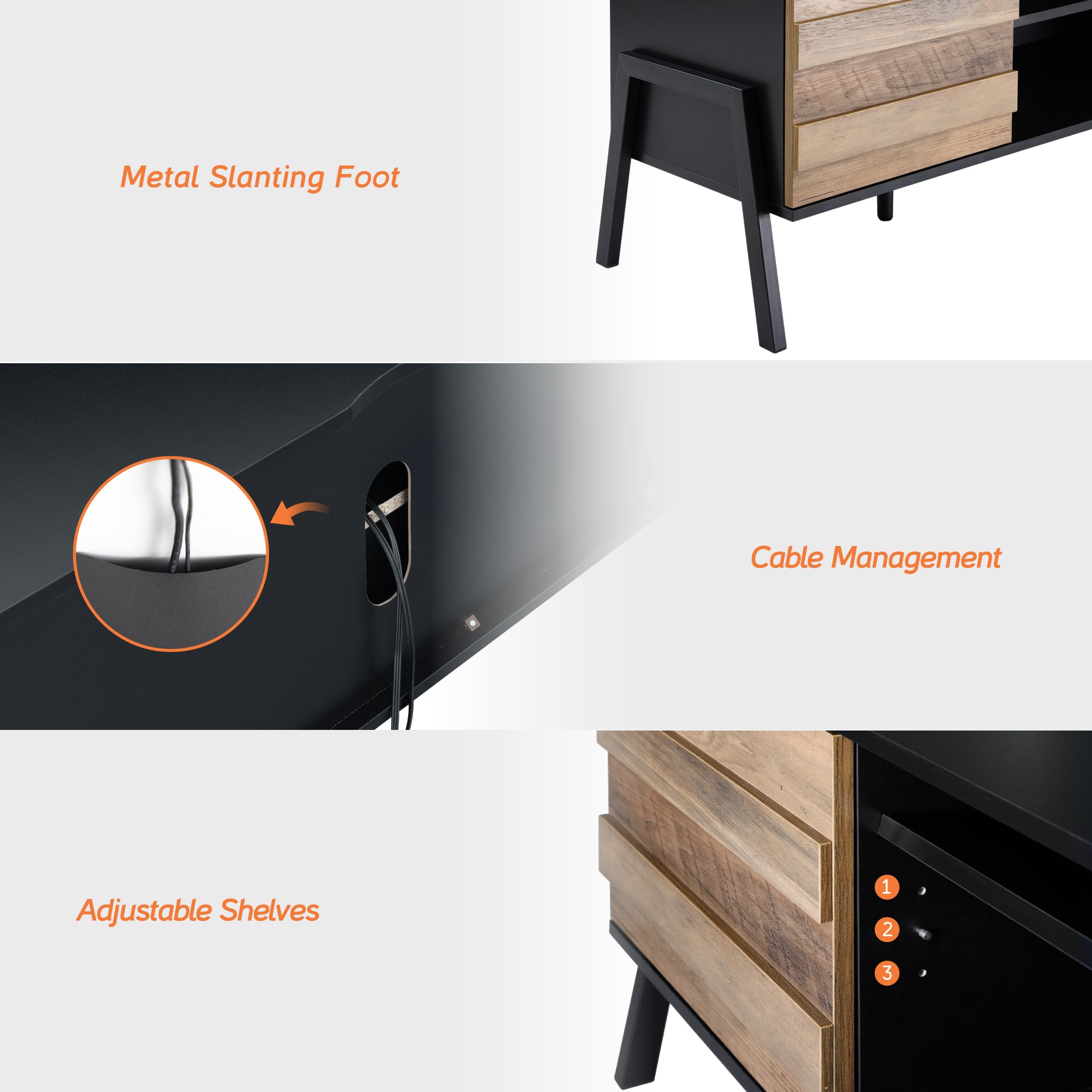 WAMPAT 70" Mid-Century Modern TV Stand for 32-65 Inch TV, Home Entertainment Center TV Cabinet Unit, Black & Oak