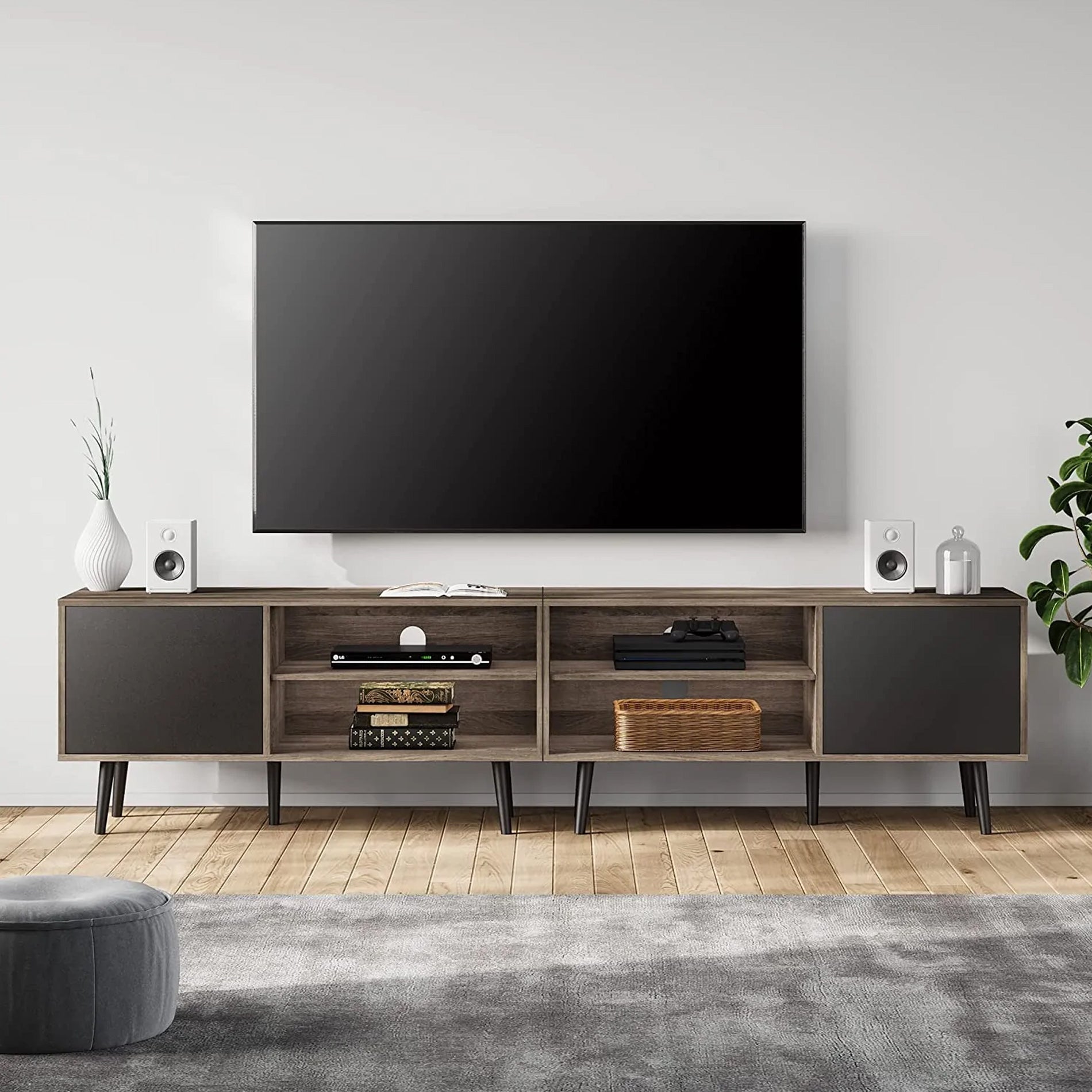 WAMPAT Mid Century Modern TV Stand for up to 85 inch 2 in 1 Entertainment Center TV Console with Storage Cabinets Media Console for Living Room