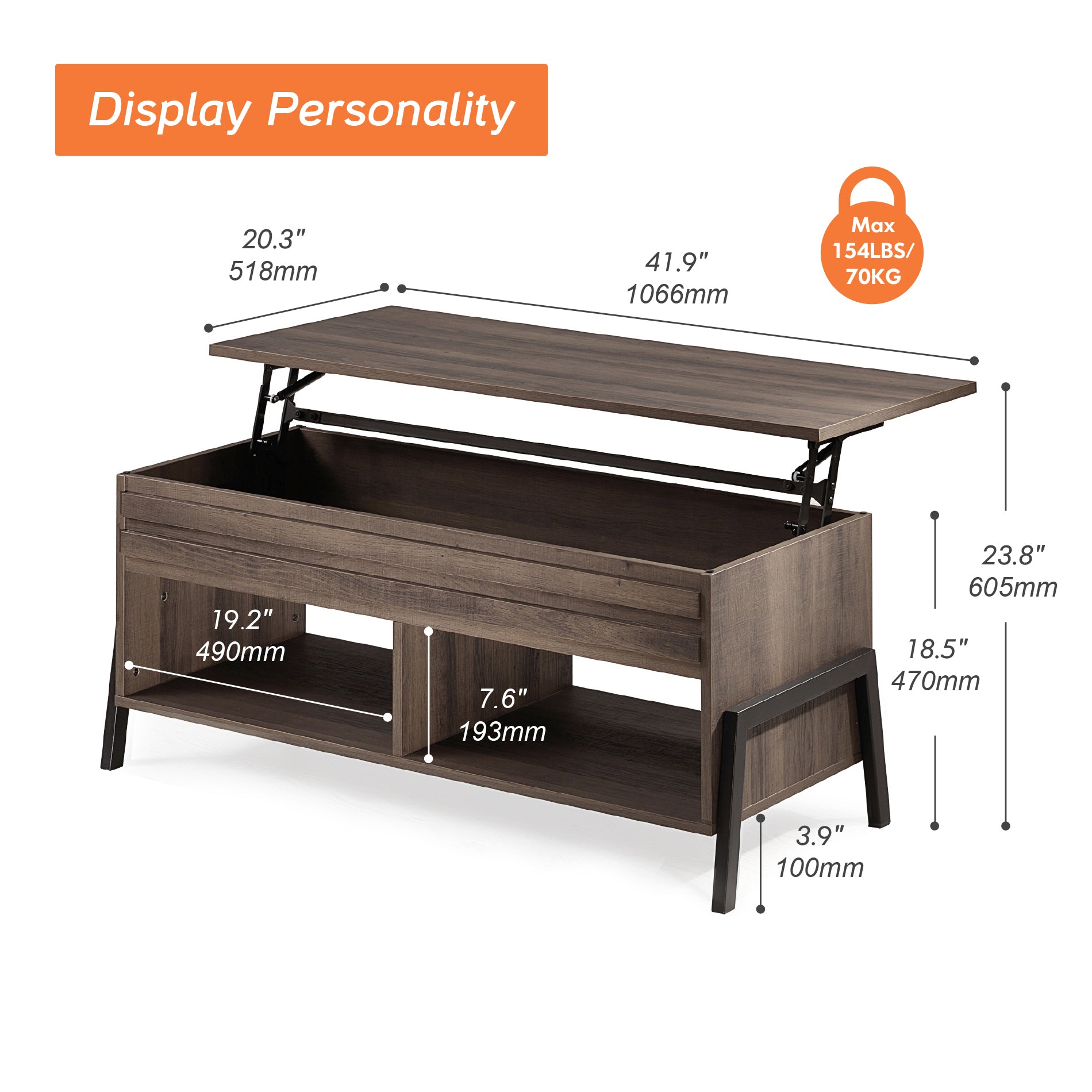 WAMPAT 42" Modern Lift Top Coffee Table with Lift Tabletop & Storage for Home Decor, Brown