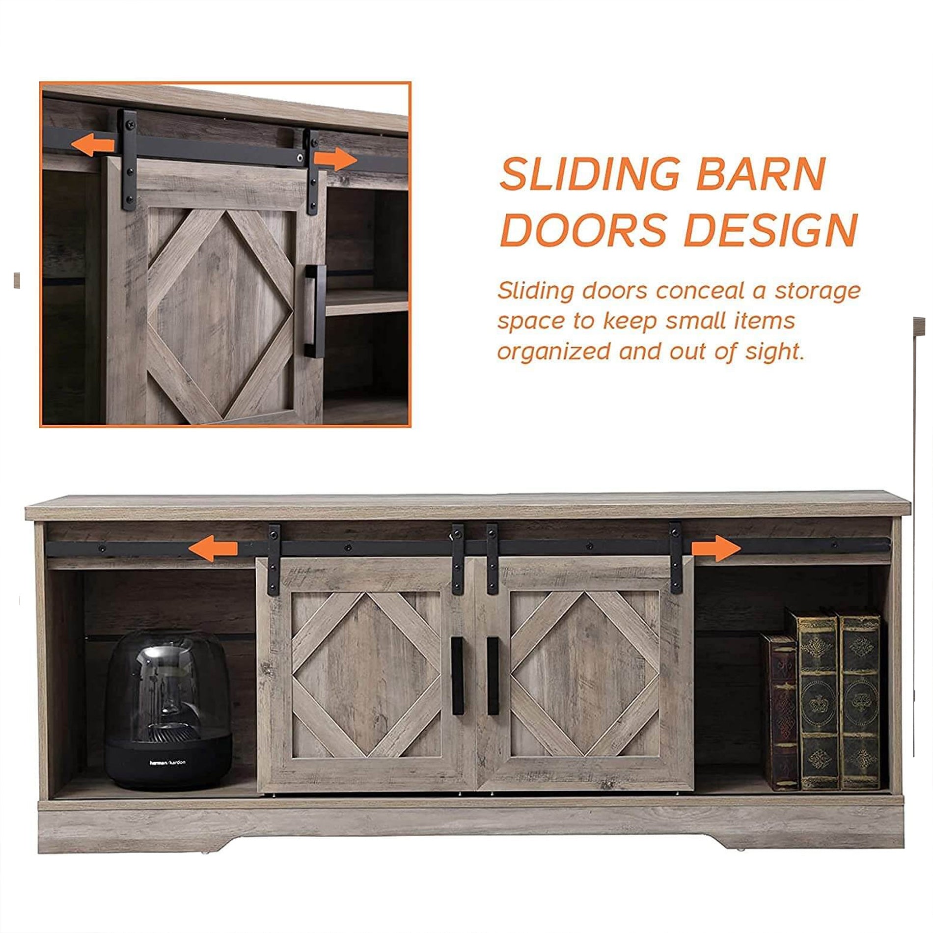 WAMPAT 60" Solid Wood TV Stand for 32-65 Inch TV, Farmhouse Sliding Barn Door Entertainment Center, Grey