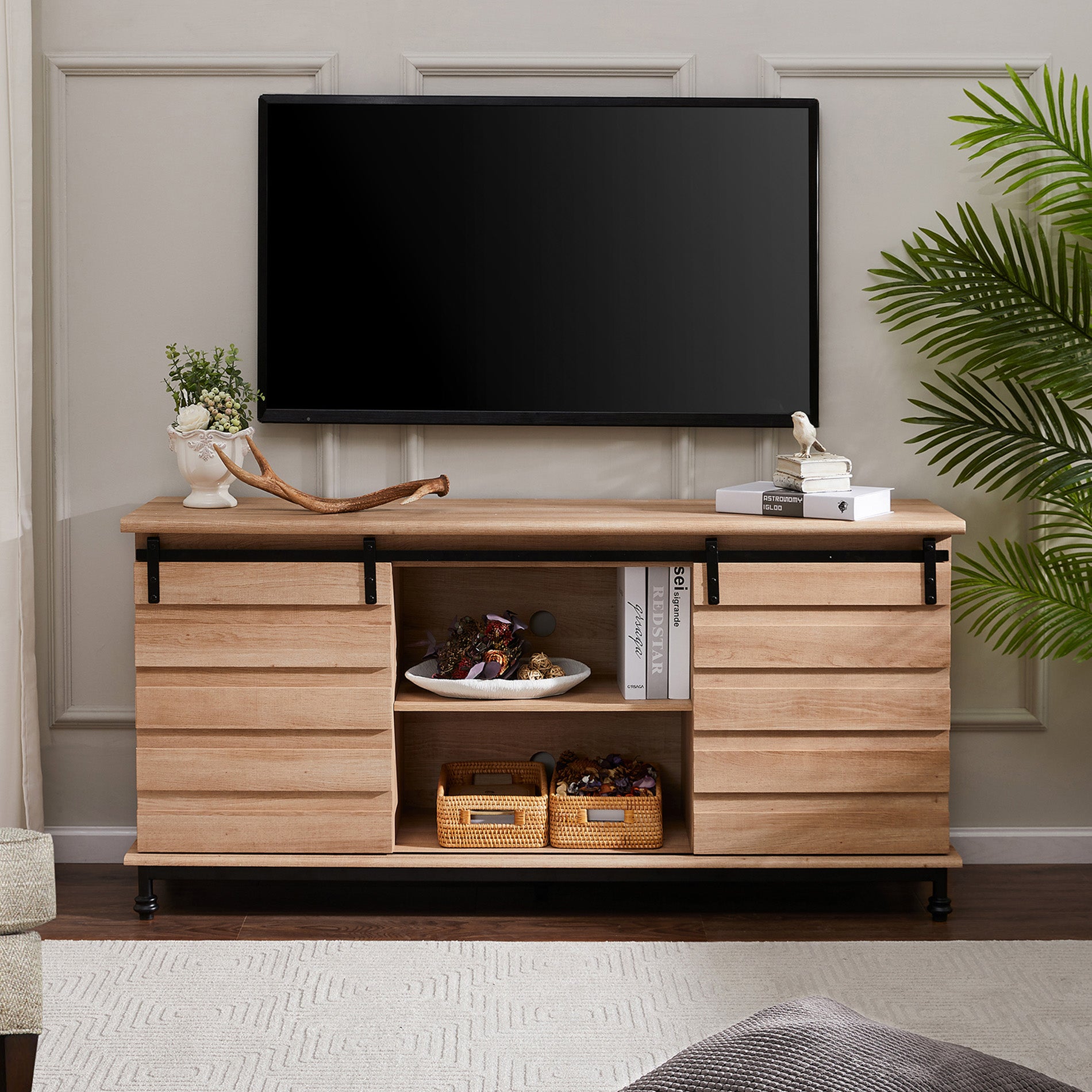 WAMPAT 58" Farmhouse TV Stand for 32-70 Inch TV, Sliding Barn Door Wood Media Entertainment Center, Light Brown